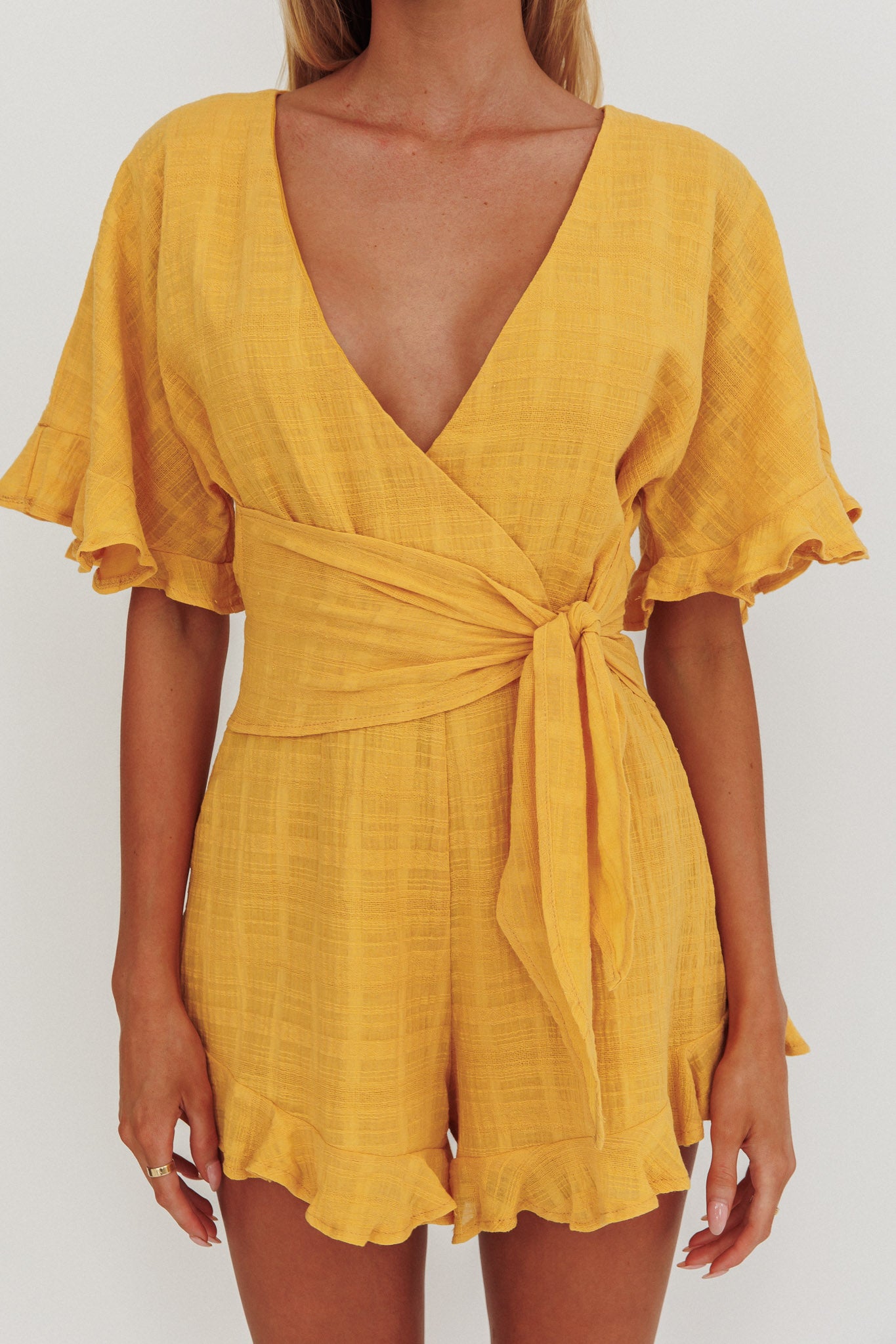 Karin Frill Trim Waist Tie Romper Mustard-Maymioy