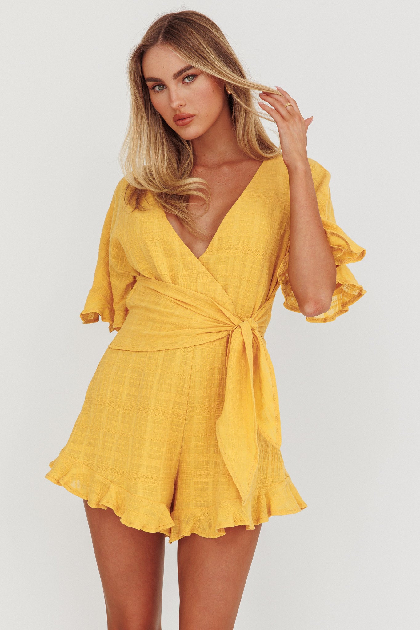 Karin Frill Trim Waist Tie Romper Mustard-Maymioy