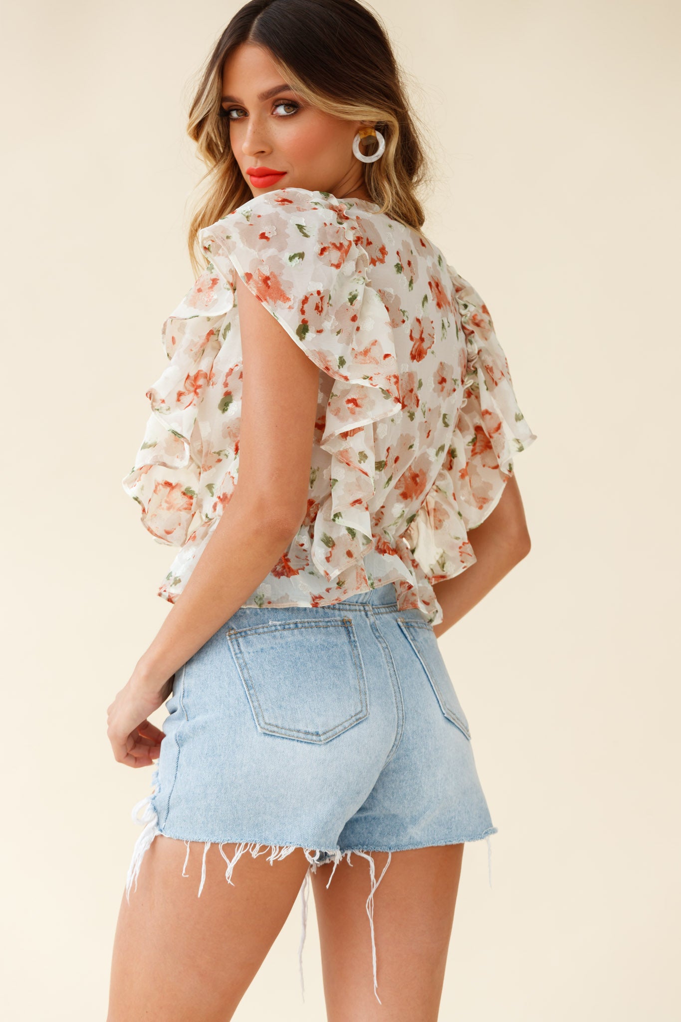 Lucia Surplice Neckline Ruffle Detail Top Floral Print Beige-Maymioy