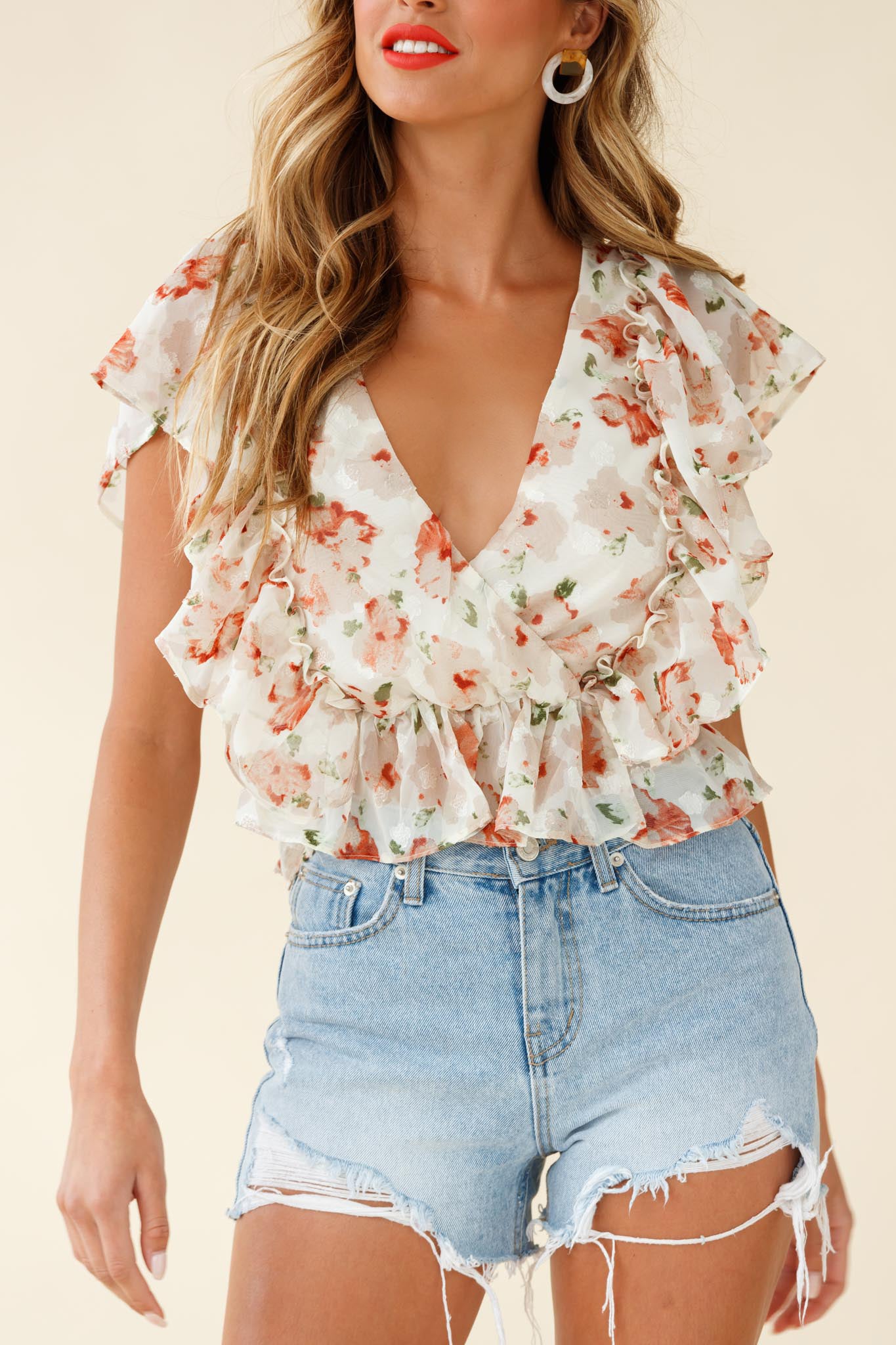 Lucia Surplice Neckline Ruffle Detail Top Floral Print Beige-Maymioy