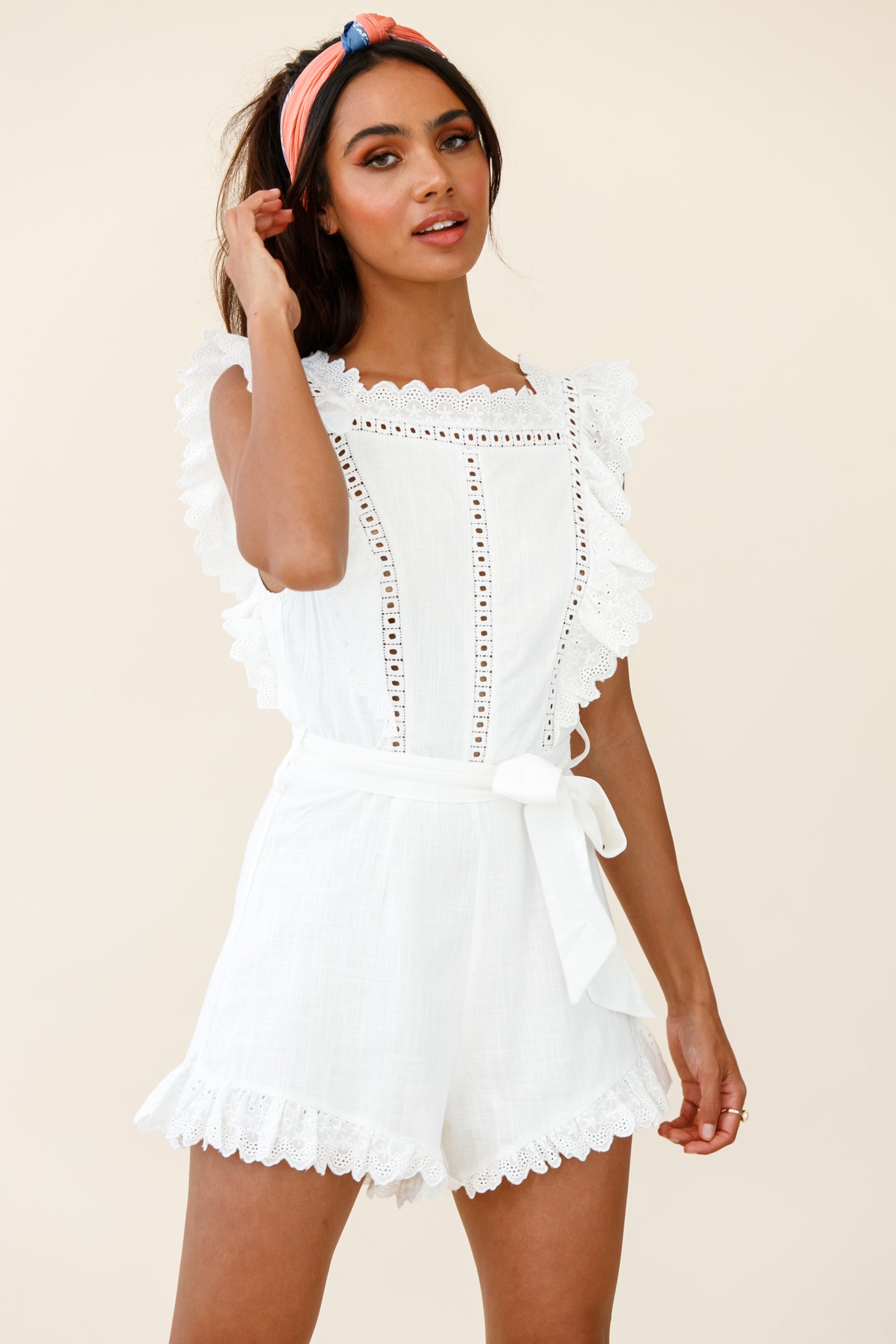 Meadow Ruffle Trim Waist Tie Romper White-Maymioy