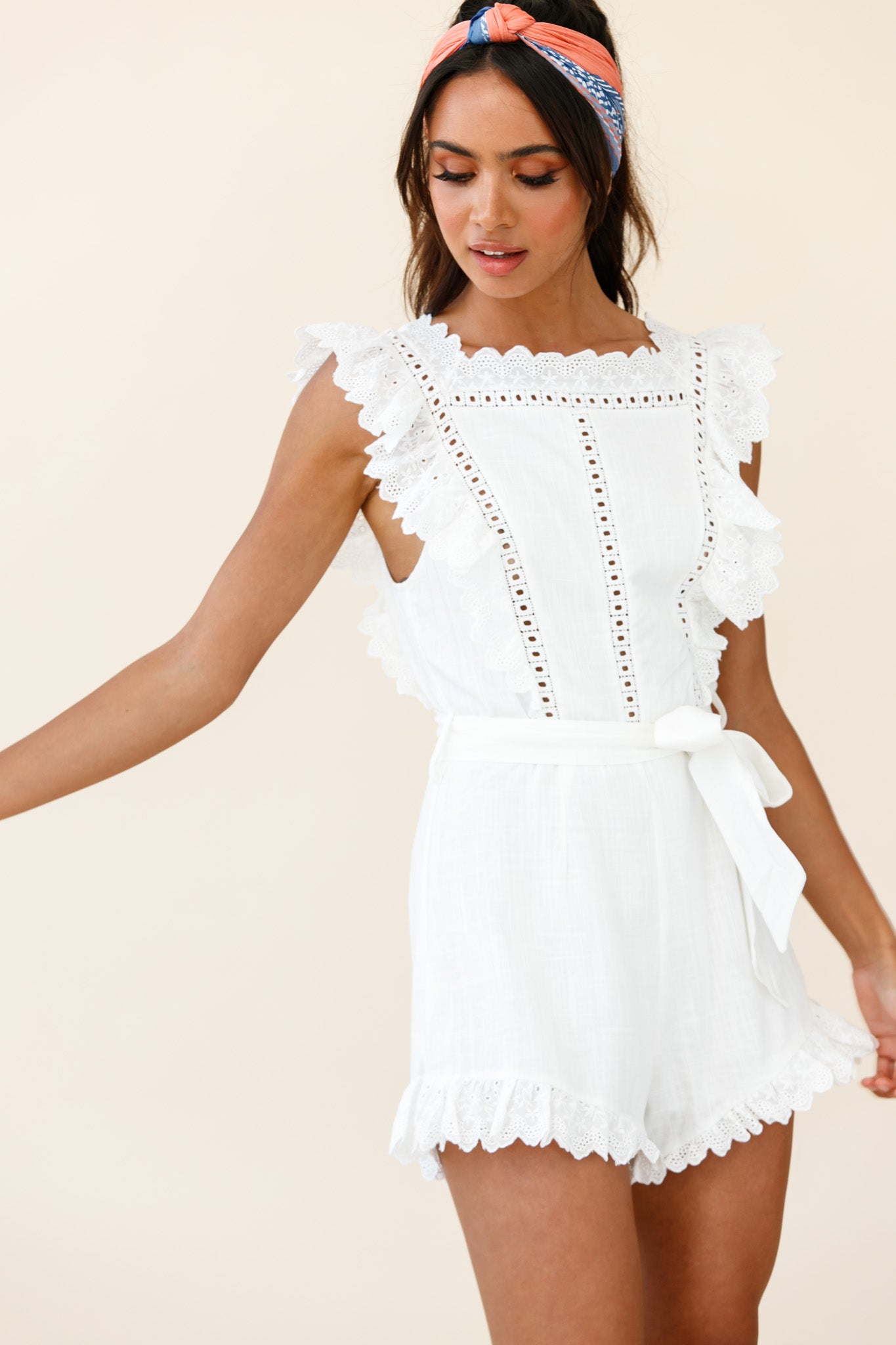 Meadow Ruffle Trim Waist Tie Romper White-Maymioy