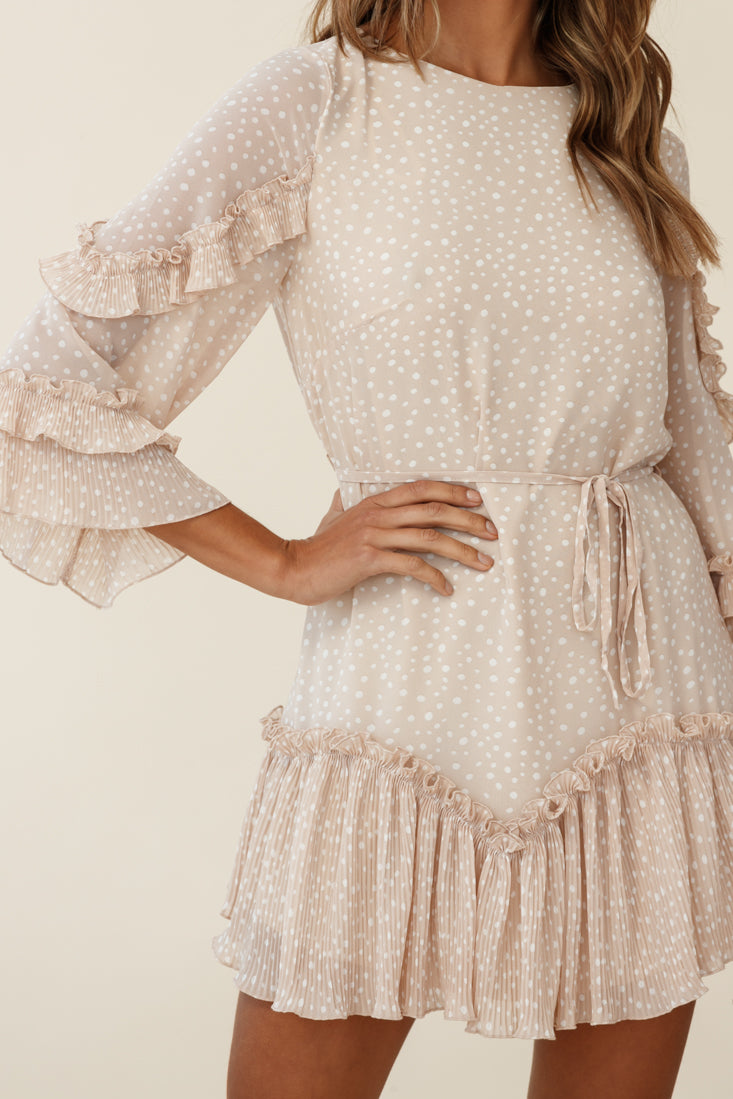 Yours Sincerely Three-Quarter Sleeve Accordion Pleat Dress Spot Print Nude-Maymioy