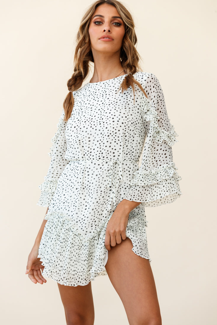 Yours Sincerely Three-Quarter Sleeve Accordion Pleat Dress Speckle Print White-Maymioy