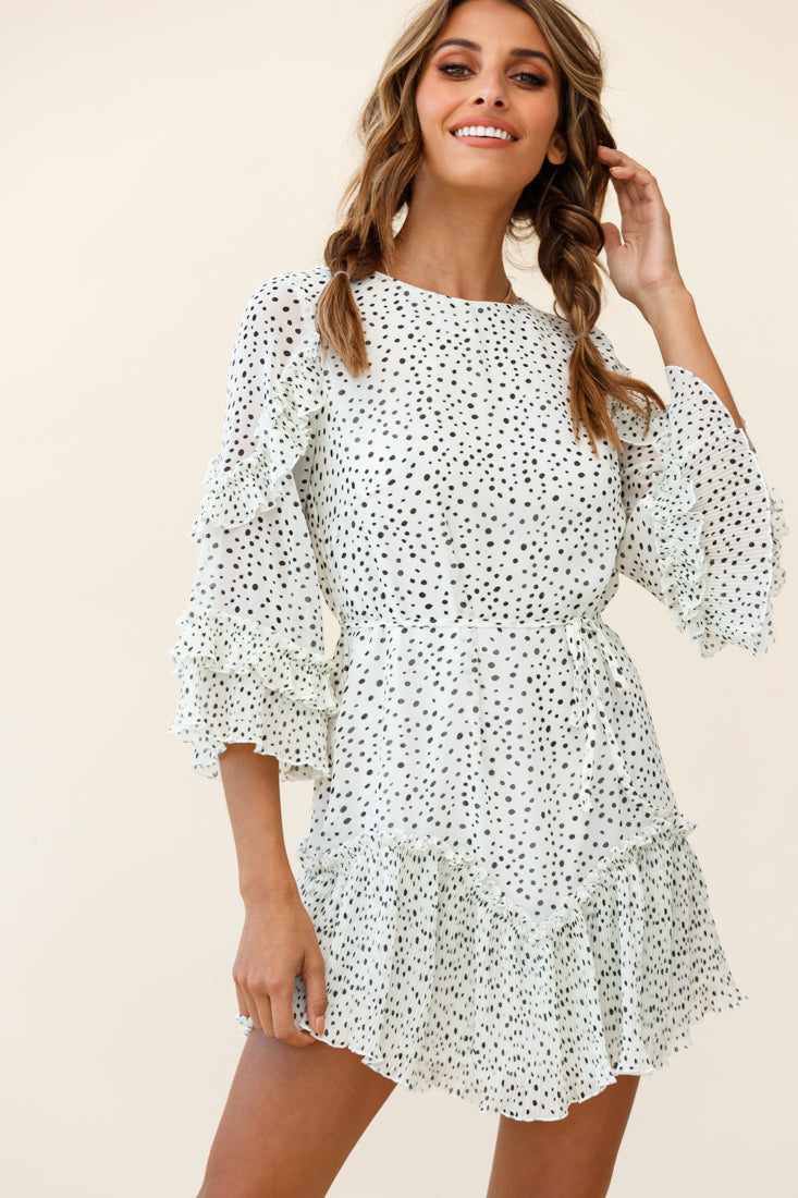 Yours Sincerely Three-Quarter Sleeve Accordion Pleat Dress Speckle Print White-Maymioy