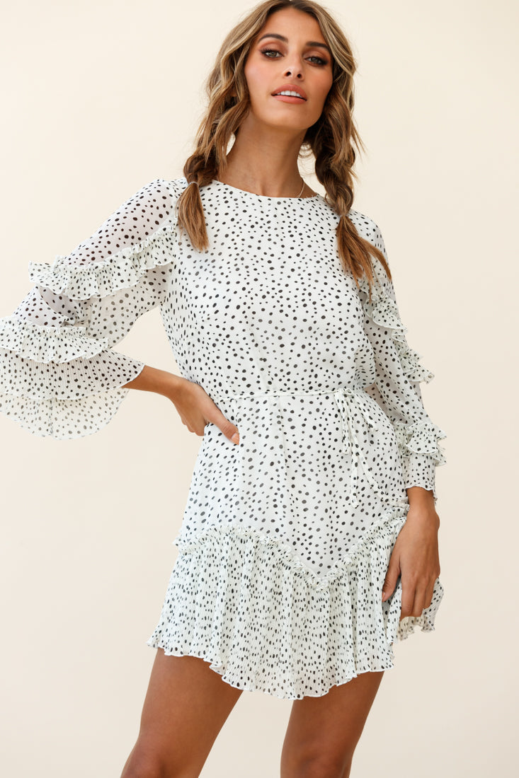 Yours Sincerely Three-Quarter Sleeve Accordion Pleat Dress Speckle Print White-Maymioy