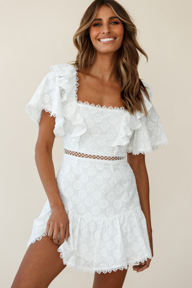 How Romantic Flounce Sleeve Lace-Up Back Dress Floral Embossed White-Maymioy