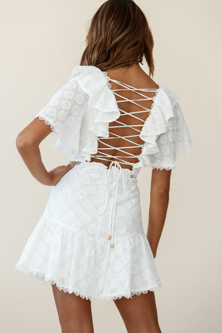 How Romantic Flounce Sleeve Lace-Up Back Dress Floral Embossed White-Maymioy