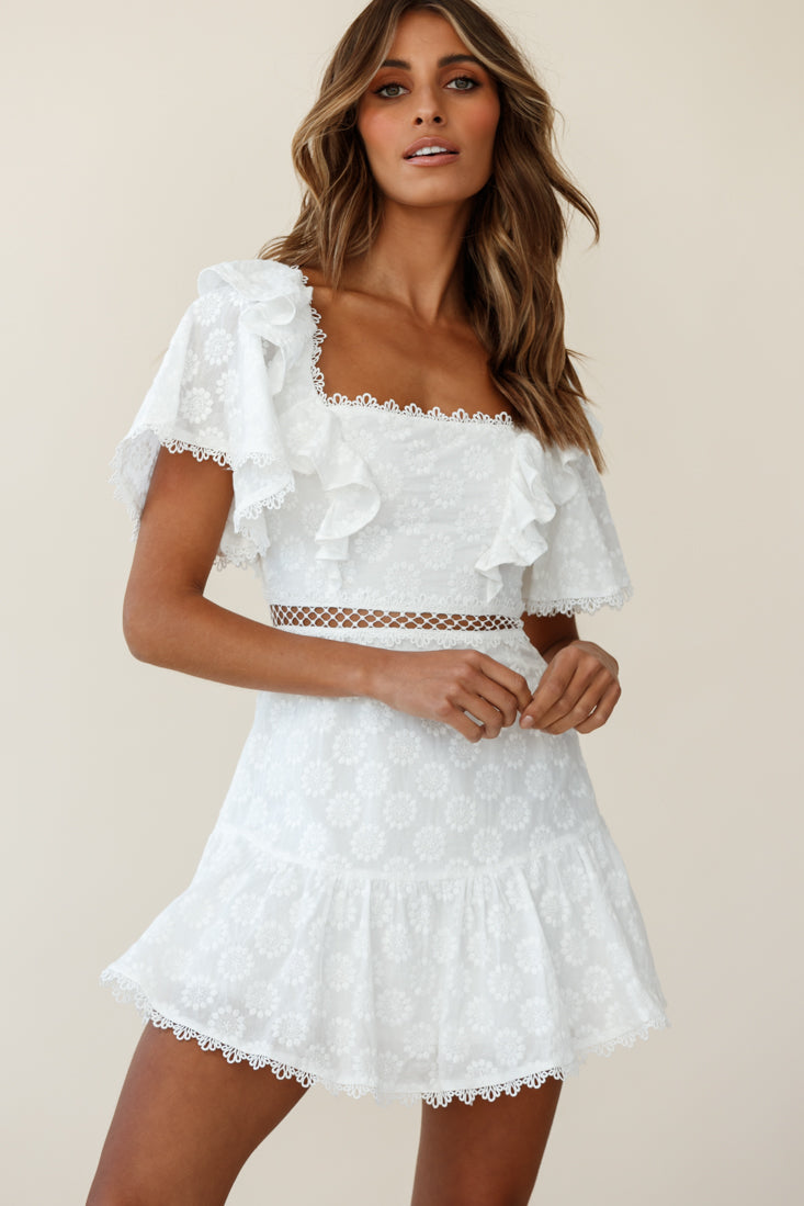 How Romantic Flounce Sleeve Lace-Up Back Dress Floral Embossed White-Maymioy