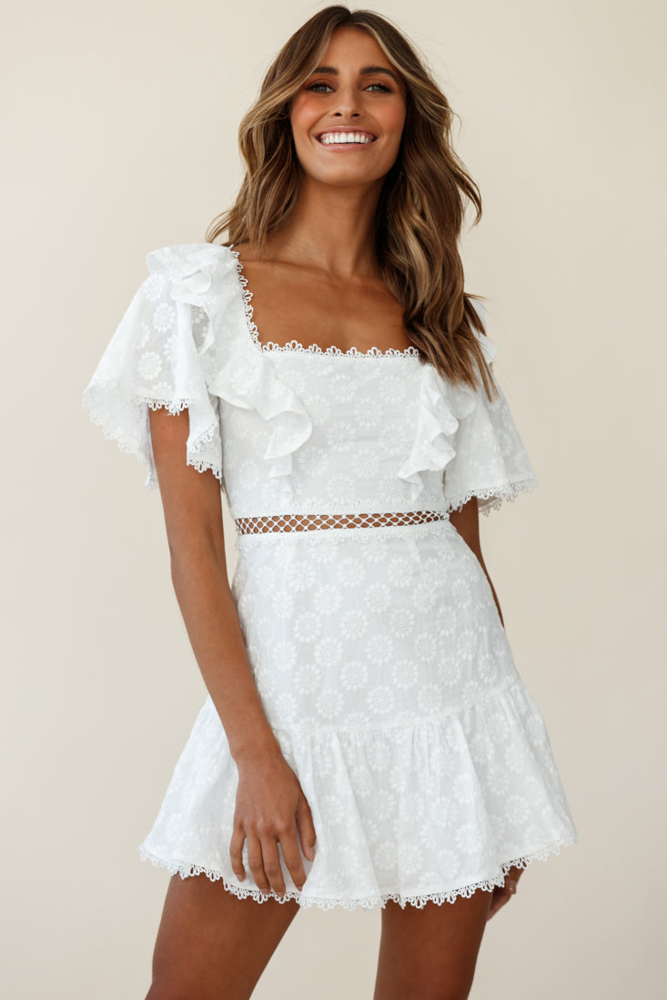 How Romantic Flounce Sleeve Lace-Up Back Dress Floral Embossed White-Maymioy
