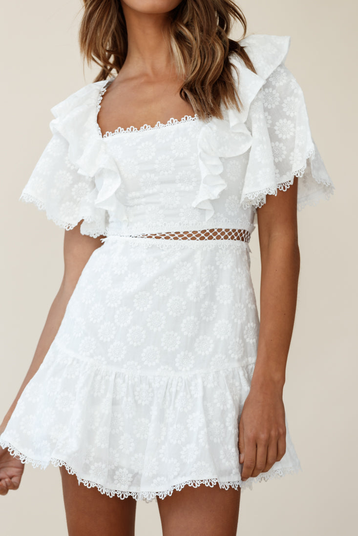 How Romantic Flounce Sleeve Lace-Up Back Dress Floral Embossed White-Maymioy