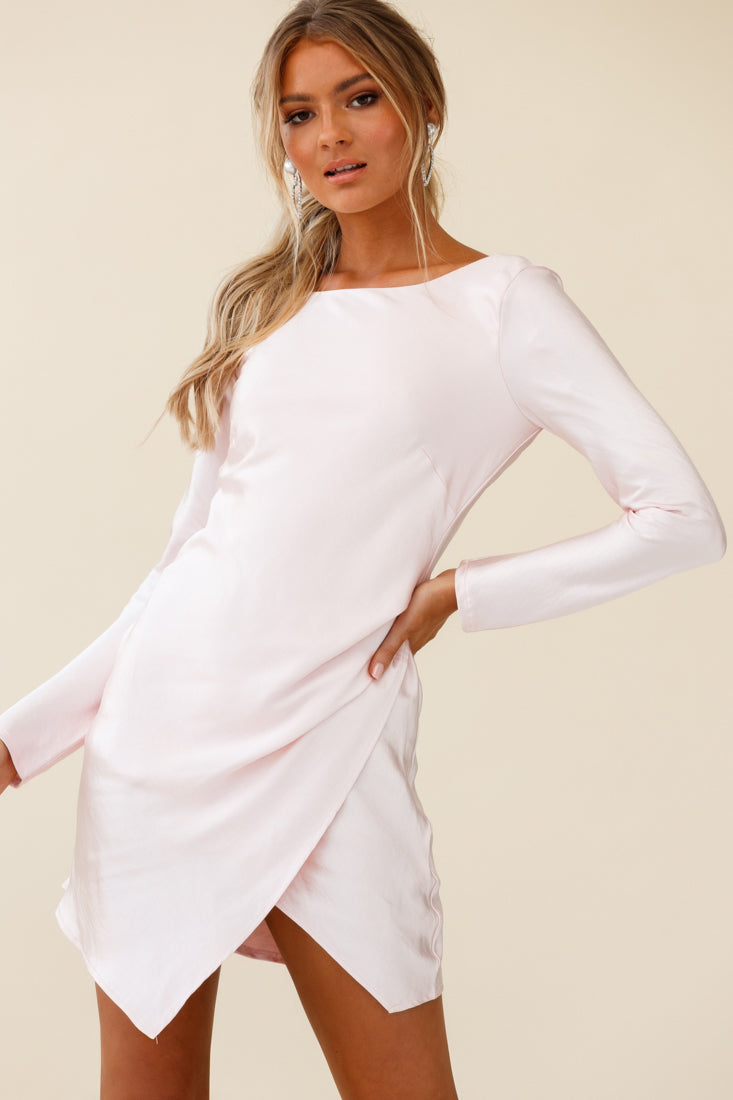 Thank Me Later Long Sleeve Open Back Dress Baby Pink-Maymioy