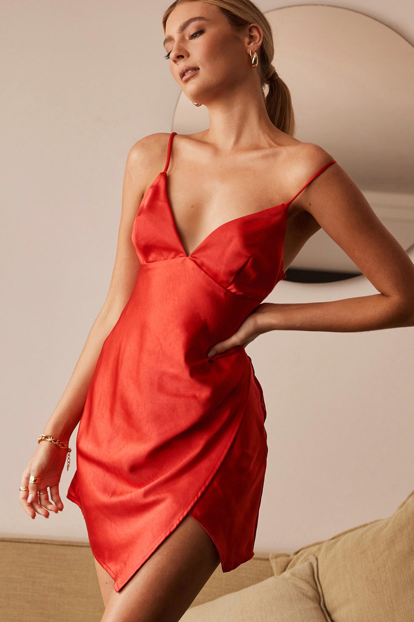 Thank Me Later Cami Strap Asymmetrical Hem Dress Red-Maymioy