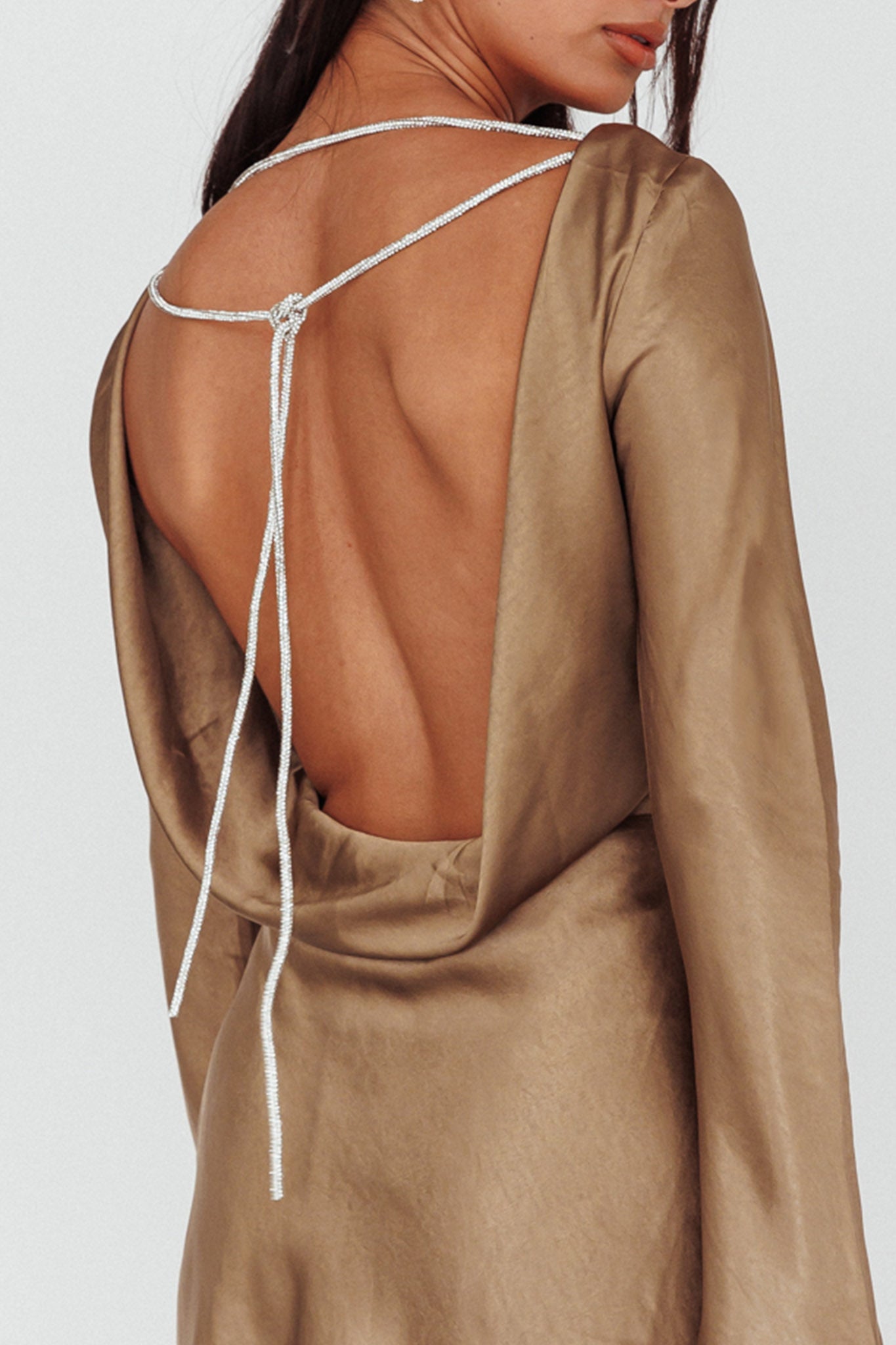 Thank Me Later Long Sleeve Diamante Rope Dress Olive-Maymioy