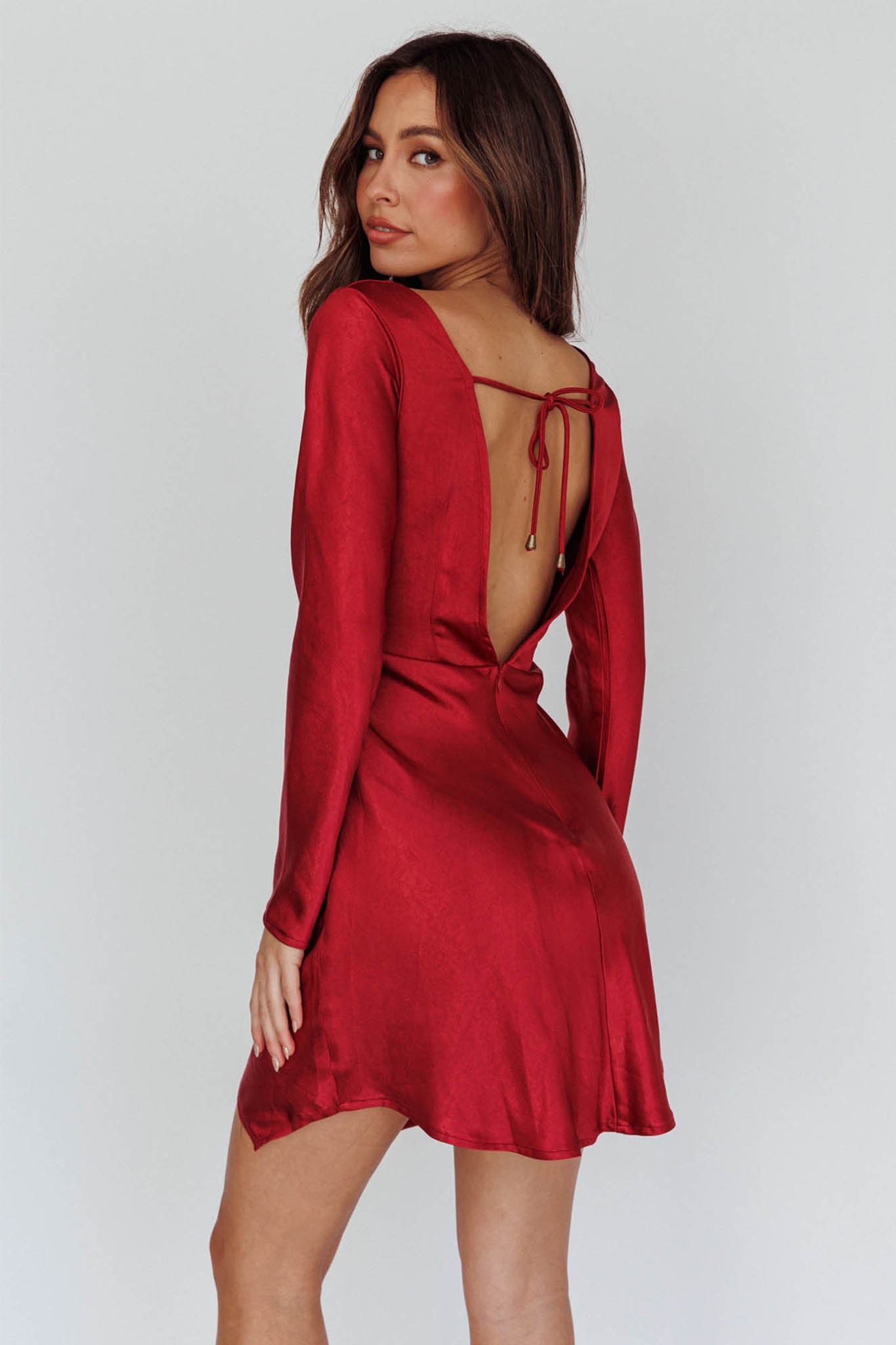 Thank Me Later Long Sleeve Open Back Dress Wine-Maymioy