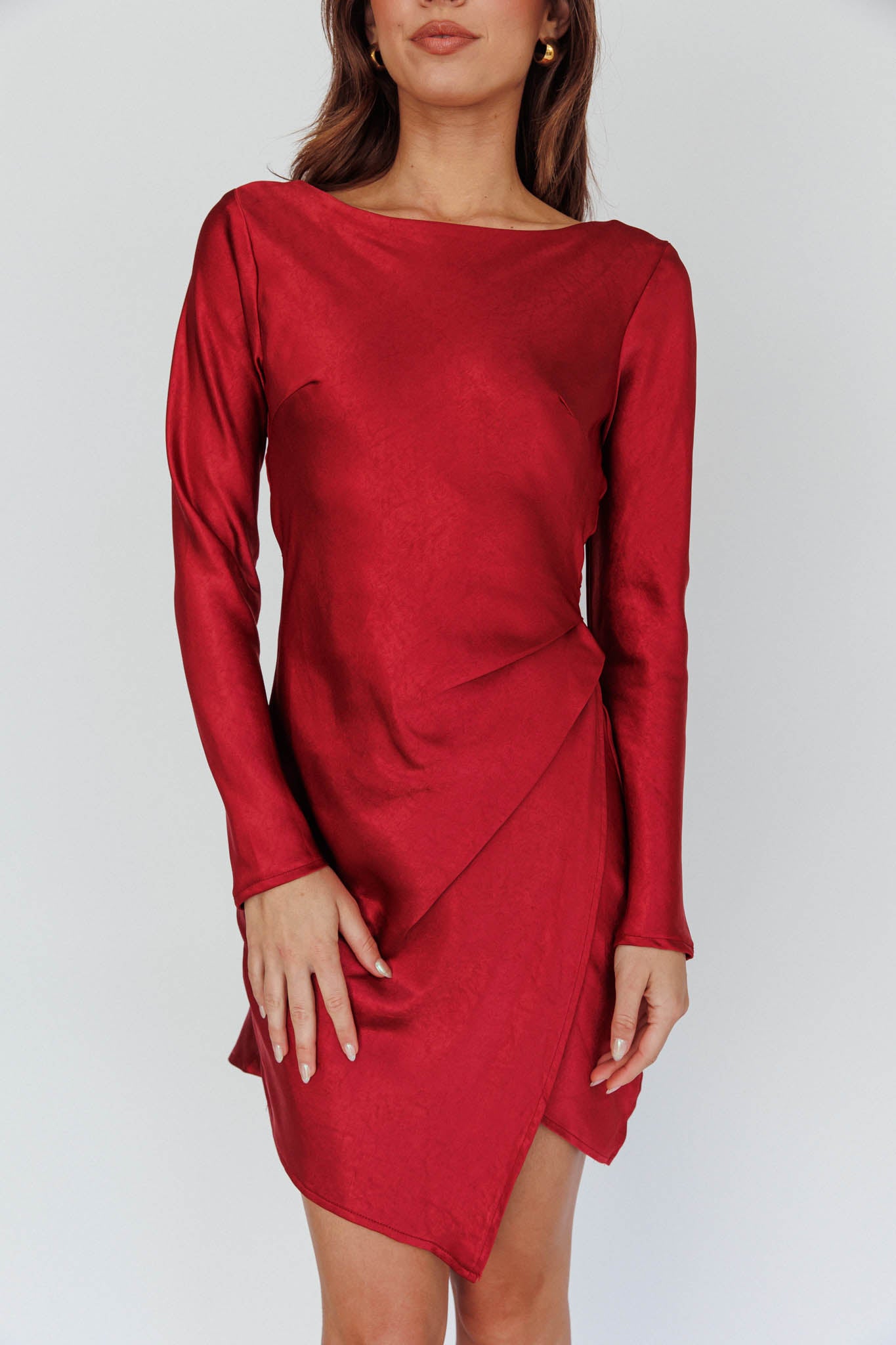 Thank Me Later Long Sleeve Open Back Dress Wine-Maymioy