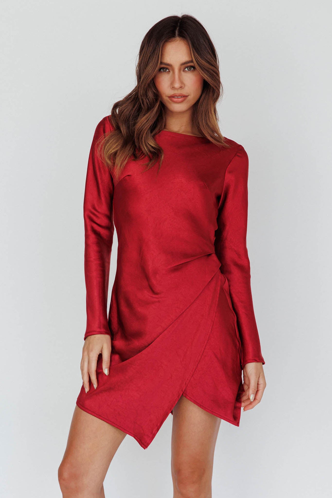 Thank Me Later Long Sleeve Open Back Dress Wine-Maymioy