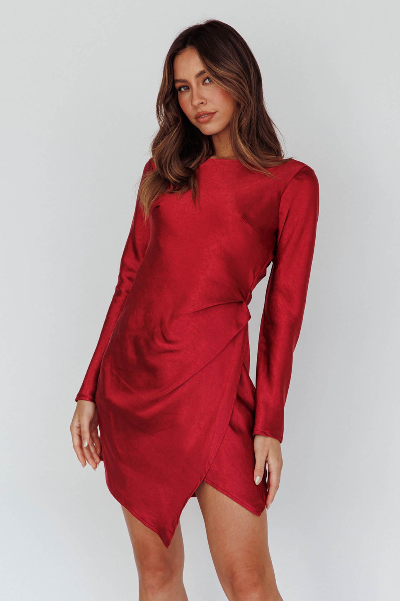 Thank Me Later Long Sleeve Open Back Dress Wine-Maymioy