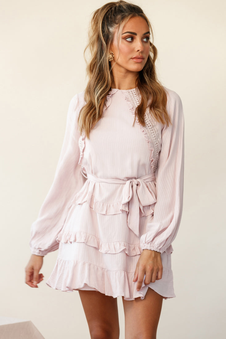 Dusk Long Sleeve Waist Tie Frill Dress Blush-Maymioy