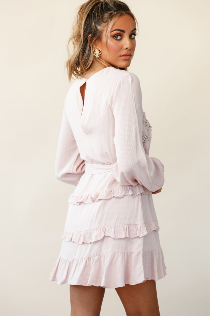 Dusk Long Sleeve Waist Tie Frill Dress Blush-Maymioy