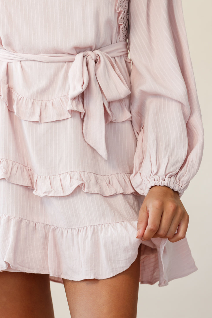 Dusk Long Sleeve Waist Tie Frill Dress Blush-Maymioy