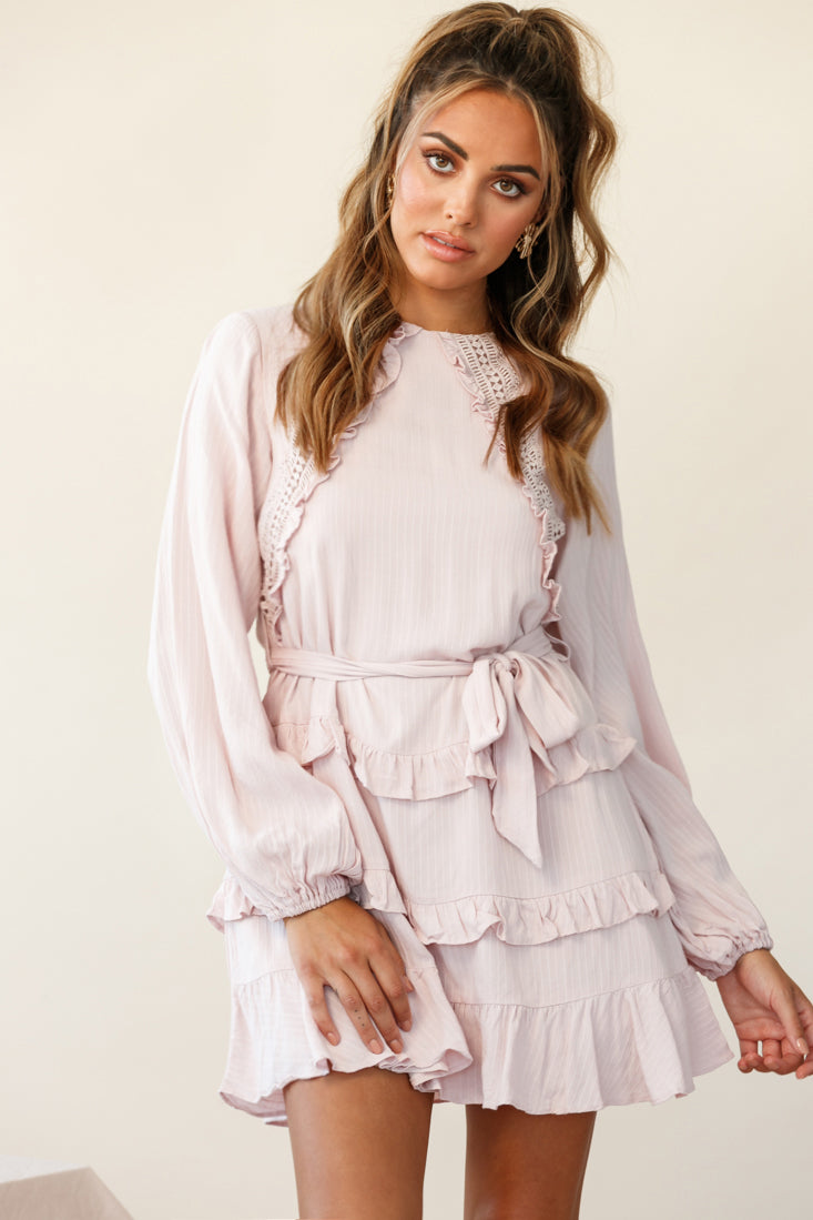 Dusk Long Sleeve Waist Tie Frill Dress Blush-Maymioy