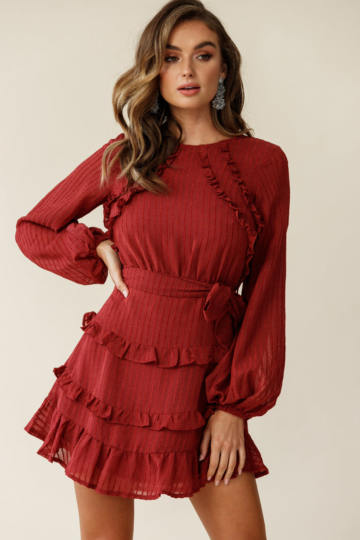 Dusk Long Sleeve Waist Tie Frill Dress Thin Stripe Wine-Maymioy