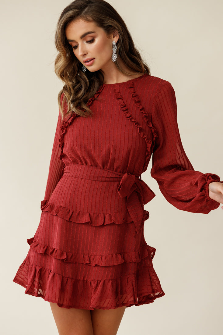 Dusk Long Sleeve Waist Tie Frill Dress Thin Stripe Wine-Maymioy