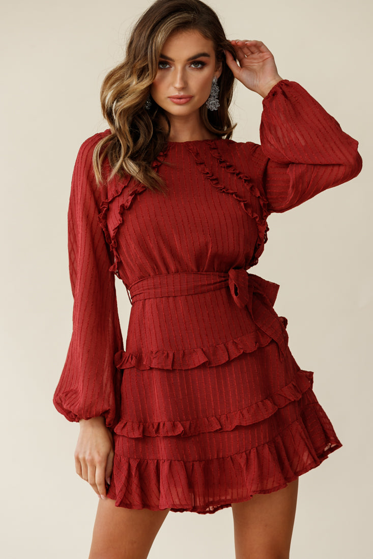 Dusk Long Sleeve Waist Tie Frill Dress Thin Stripe Wine-Maymioy