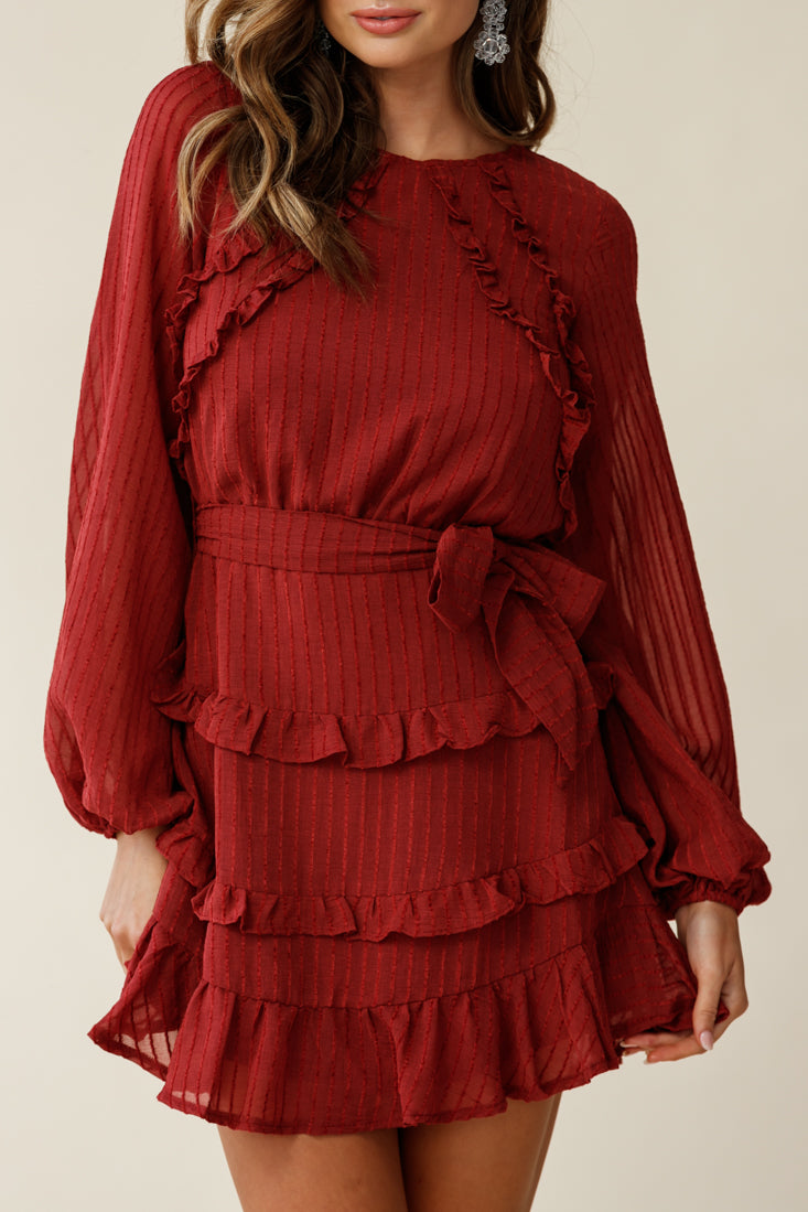 Dusk Long Sleeve Waist Tie Frill Dress Thin Stripe Wine-Maymioy