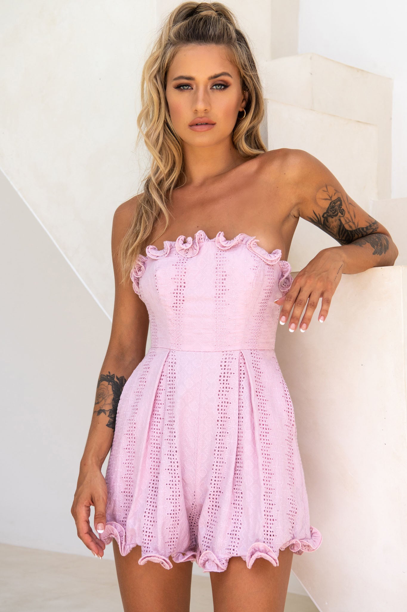 Paris In Spring Bandeau Frill Trim Romper Blush-Maymioy