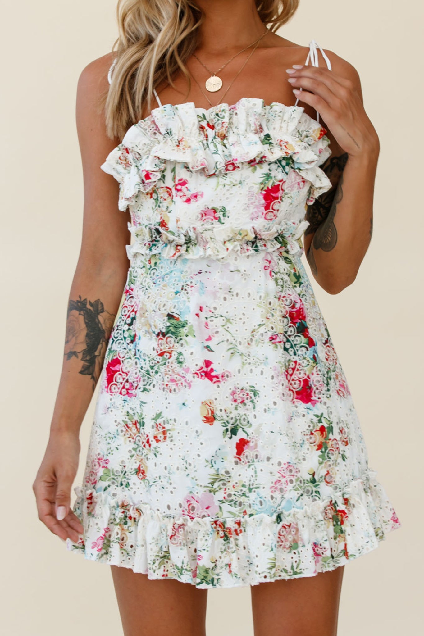 Frill Seeker Eyelet Embroidery Tied Back Dress Floral Print Multi-Maymioy