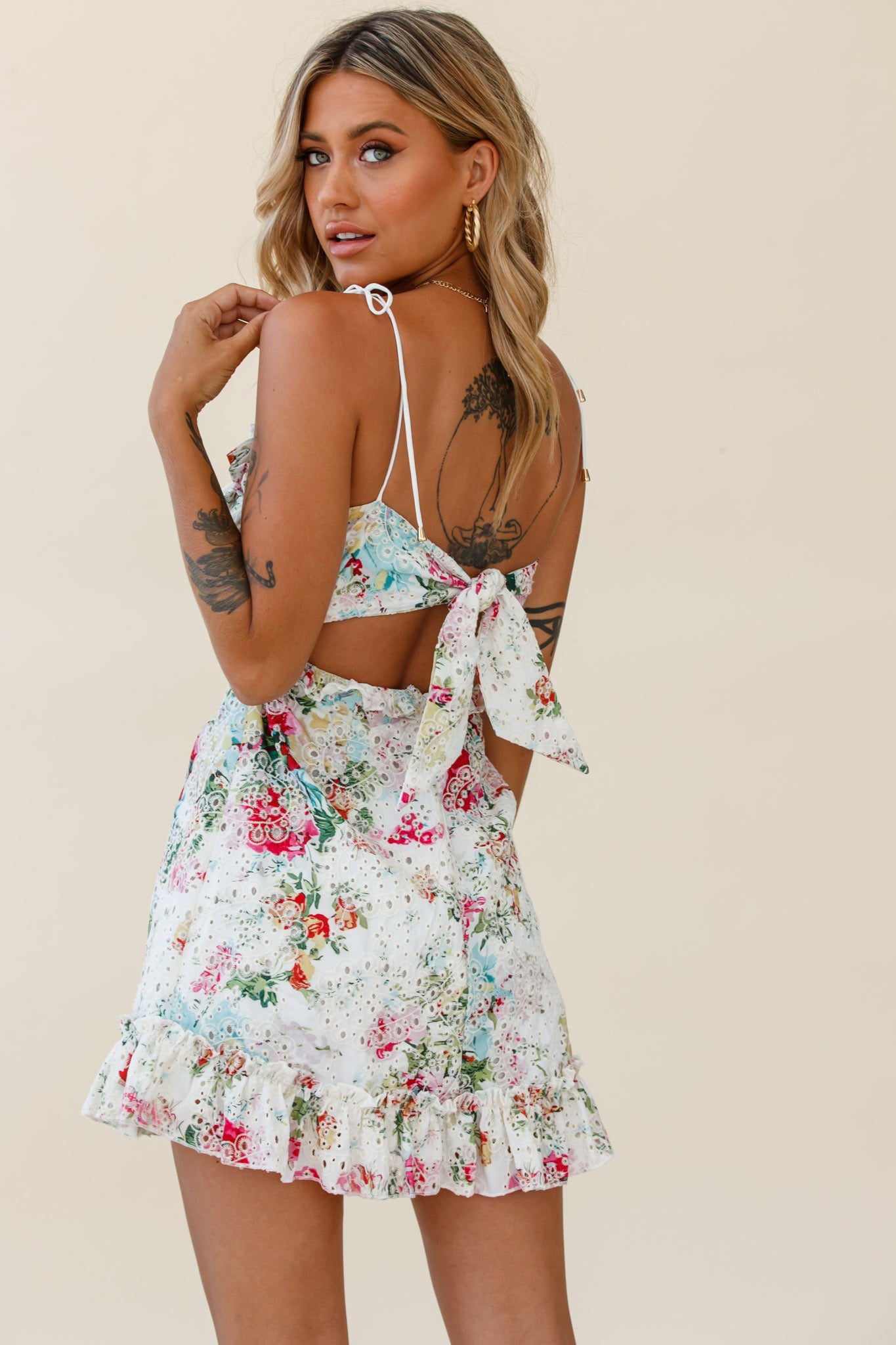 Frill Seeker Eyelet Embroidery Tied Back Dress Floral Print Multi-Maymioy