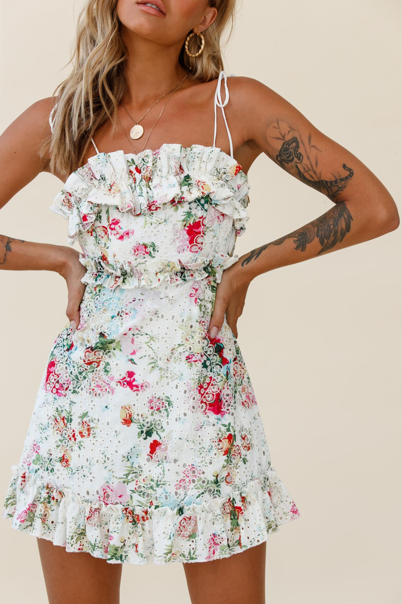 Frill Seeker Eyelet Embroidery Tied Back Dress Floral Print Multi-Maymioy