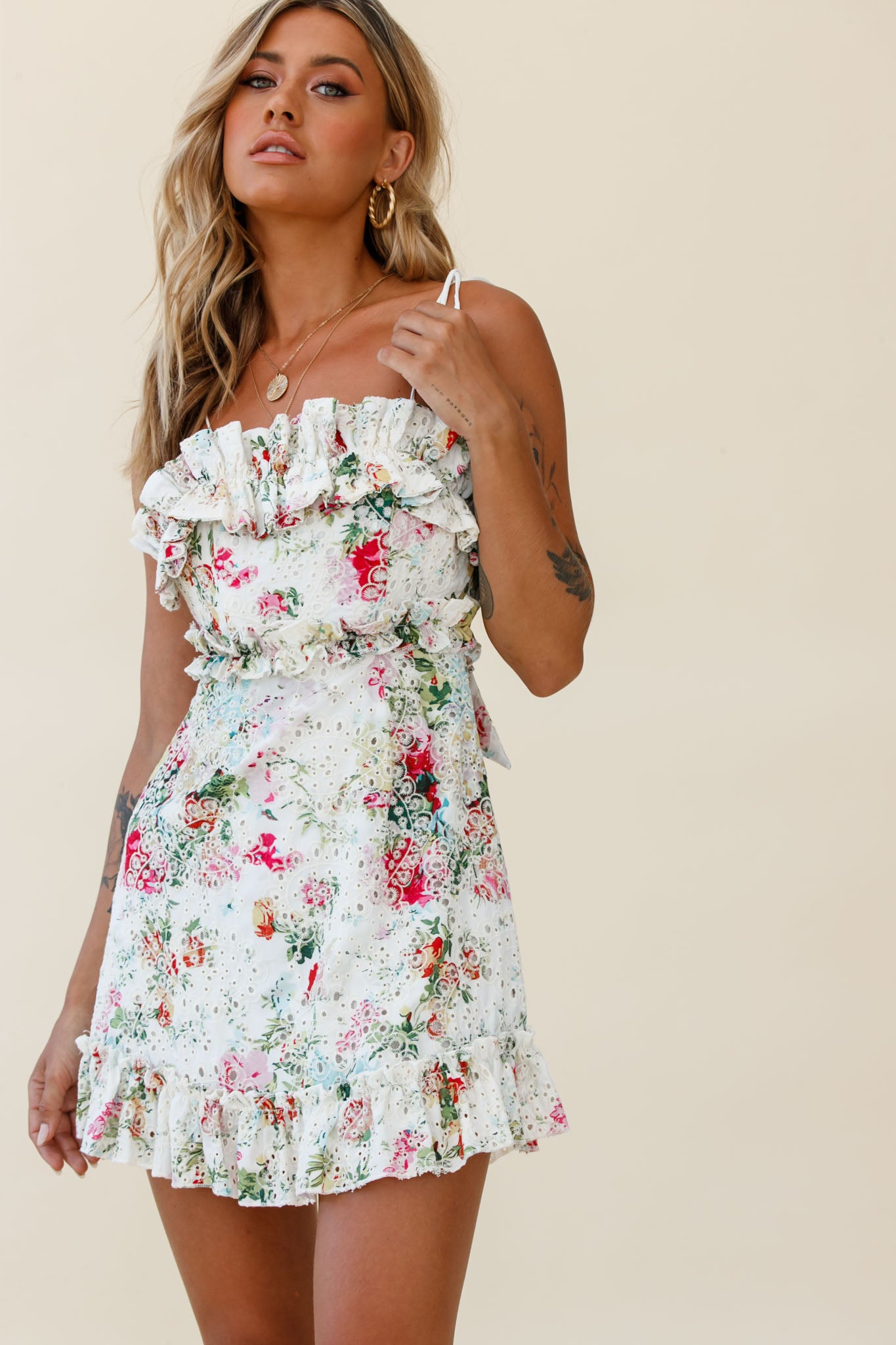Frill Seeker Eyelet Embroidery Tied Back Dress Floral Print Multi-Maymioy