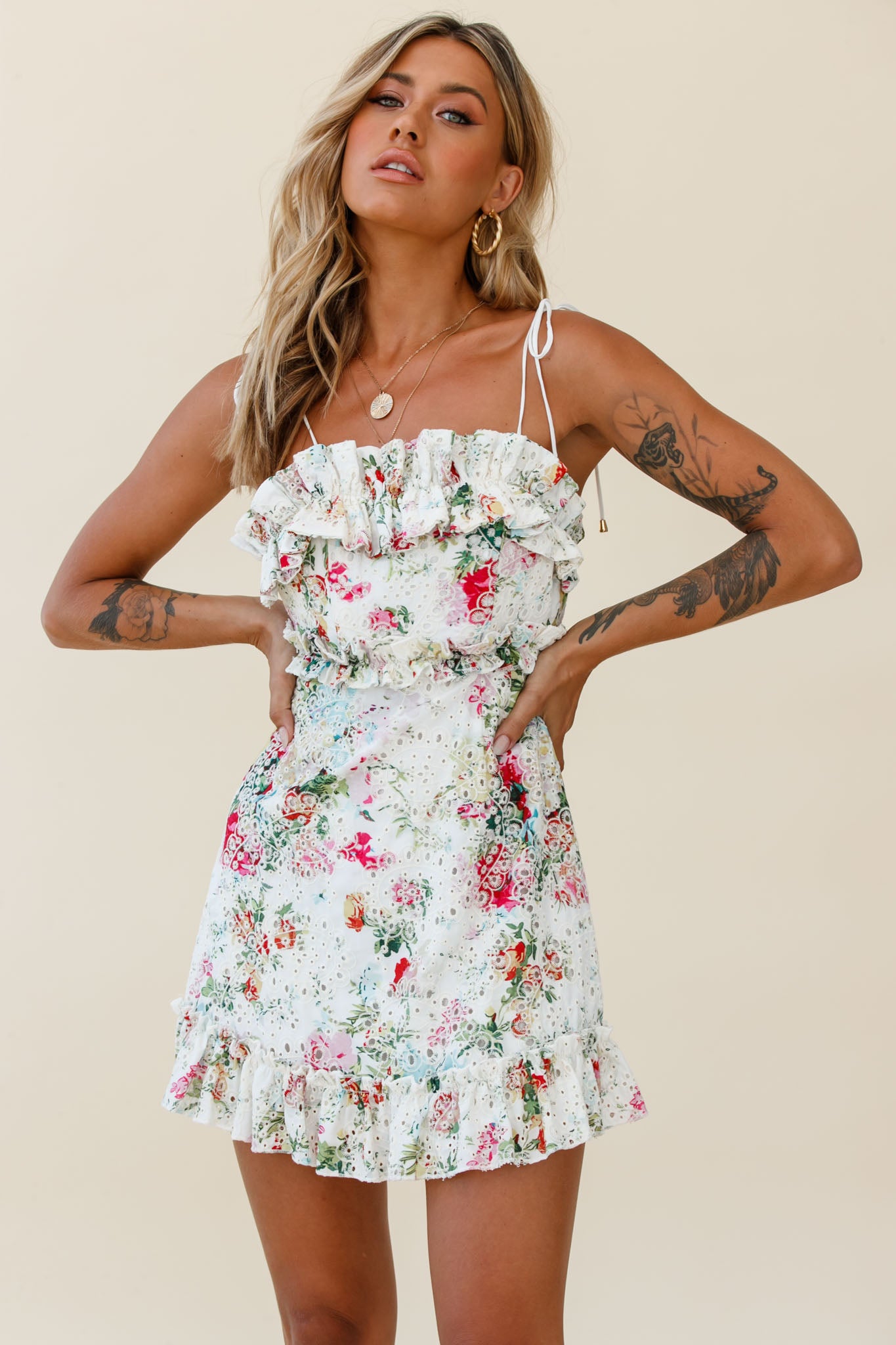 Frill Seeker Eyelet Embroidery Tied Back Dress Floral Print Multi-Maymioy