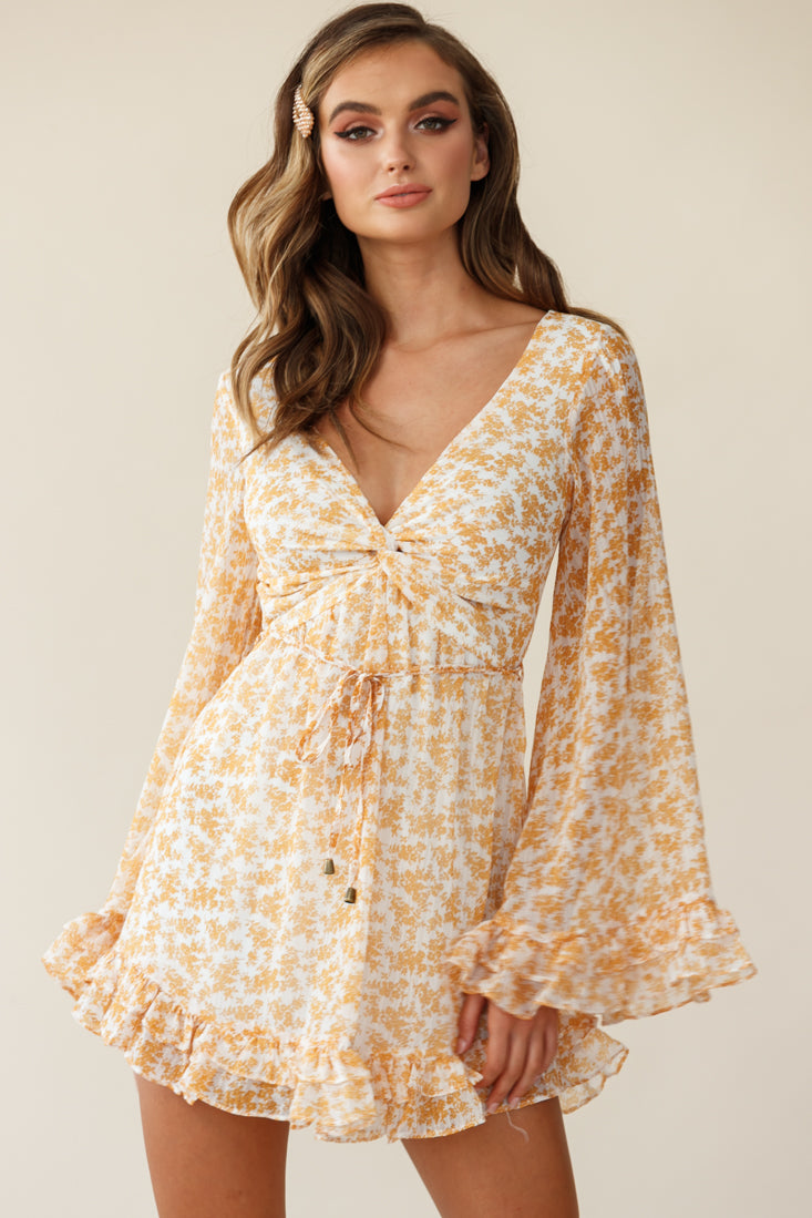 Perri Bell Sleeve Twist Knot Bust Dress Floral Print Yellow-Maymioy