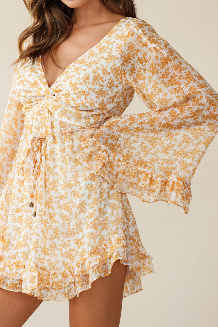 Perri Bell Sleeve Twist Knot Bust Dress Floral Print Yellow-Maymioy