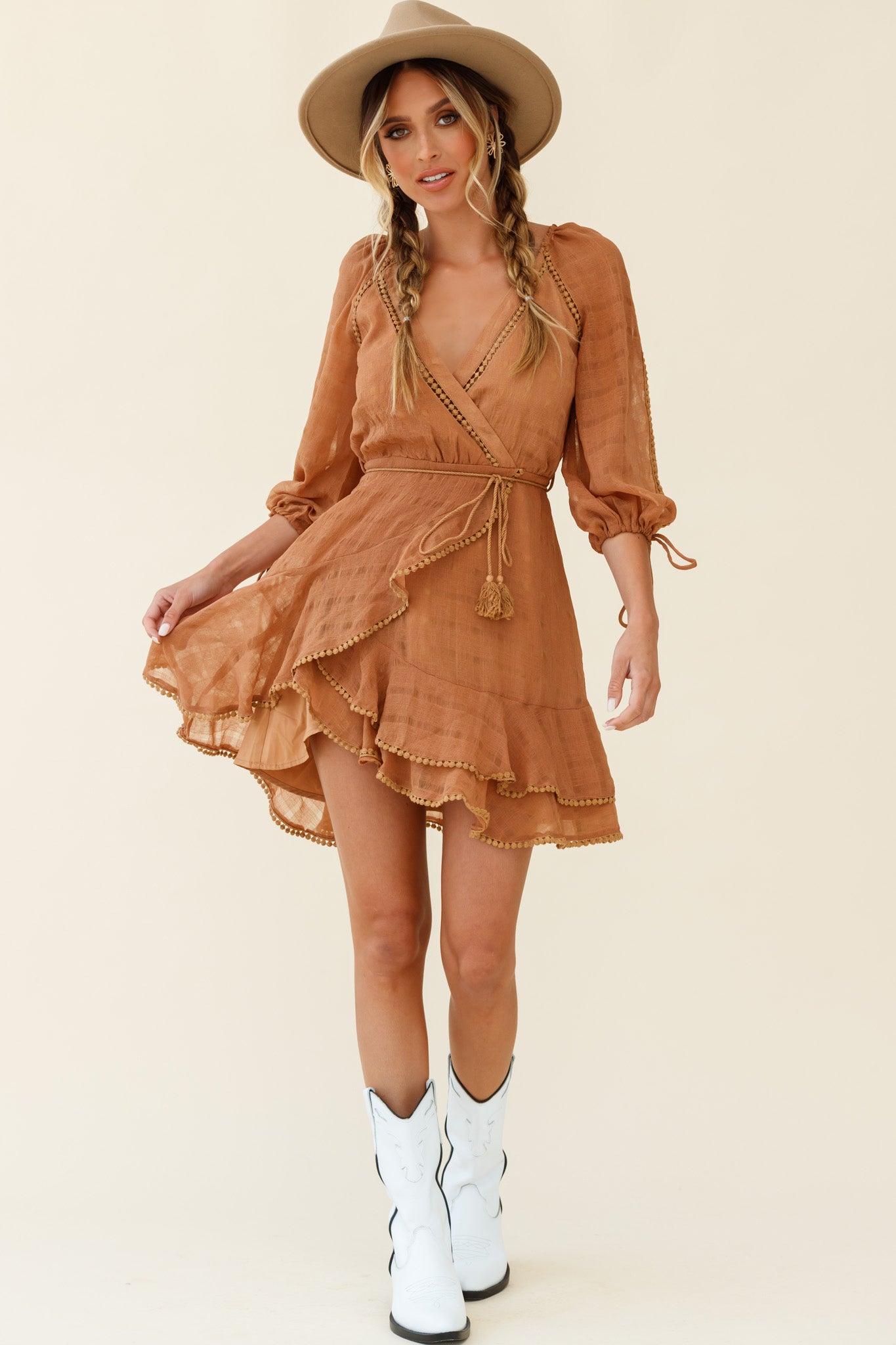 Wilde Balloon Sleeve Crochet Trim Dress Tan-Maymioy