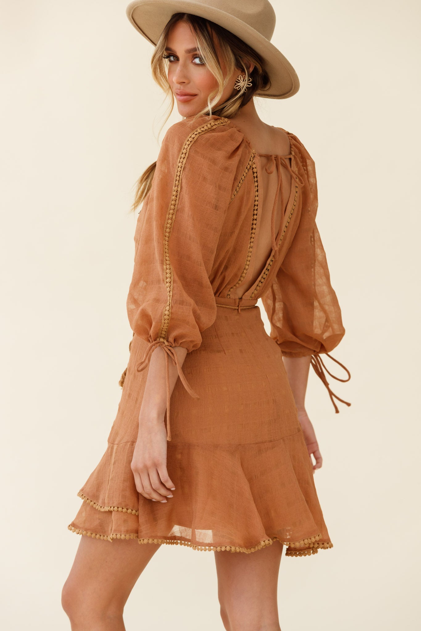 Wilde Balloon Sleeve Crochet Trim Dress Tan-Maymioy