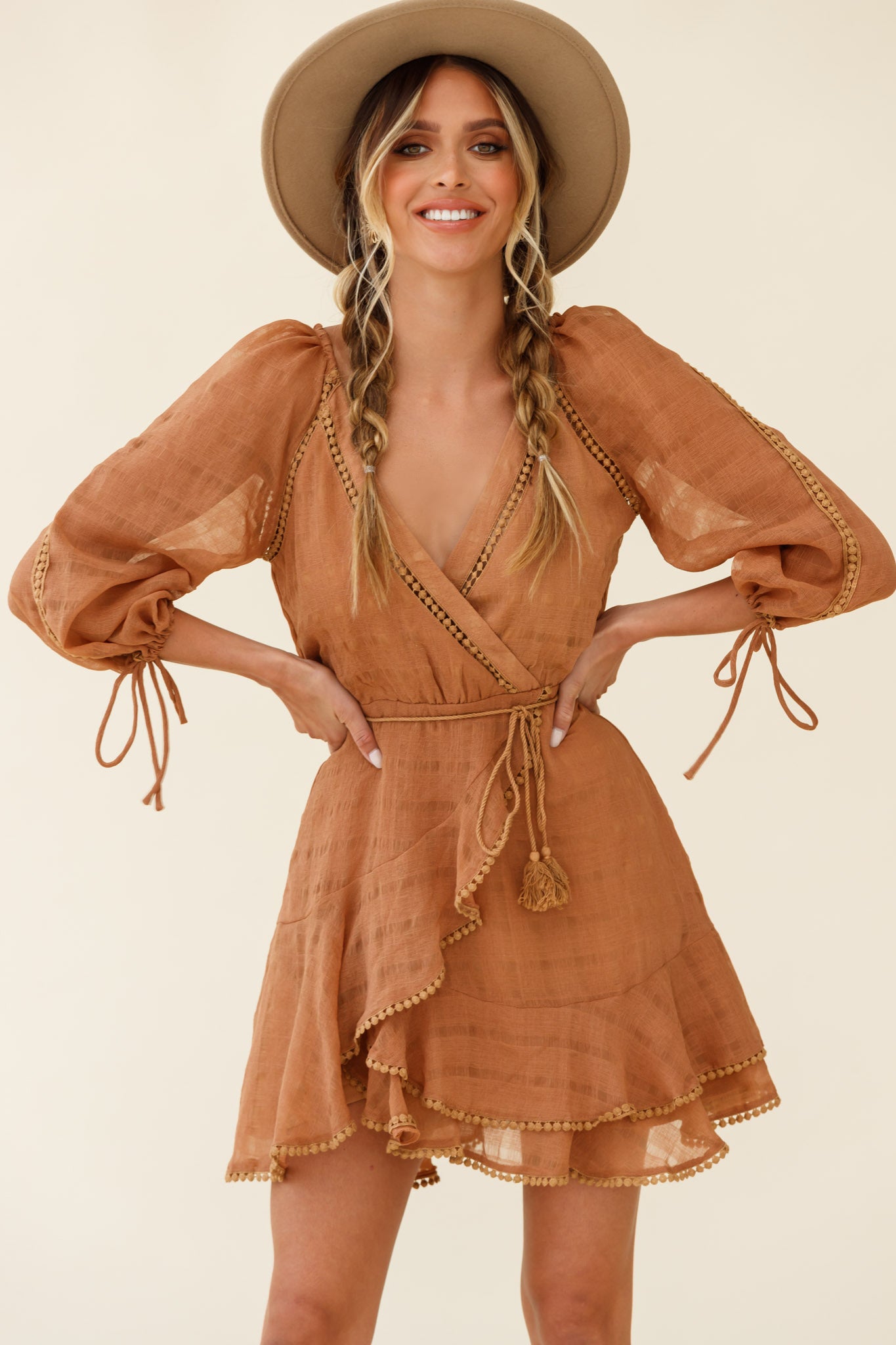 Wilde Balloon Sleeve Crochet Trim Dress Tan-Maymioy