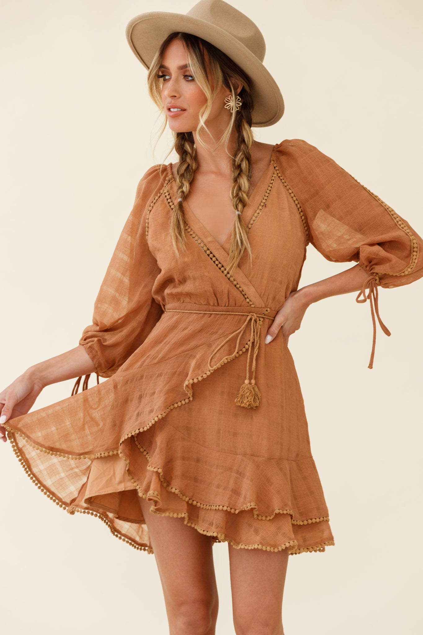 Wilde Balloon Sleeve Crochet Trim Dress Tan-Maymioy