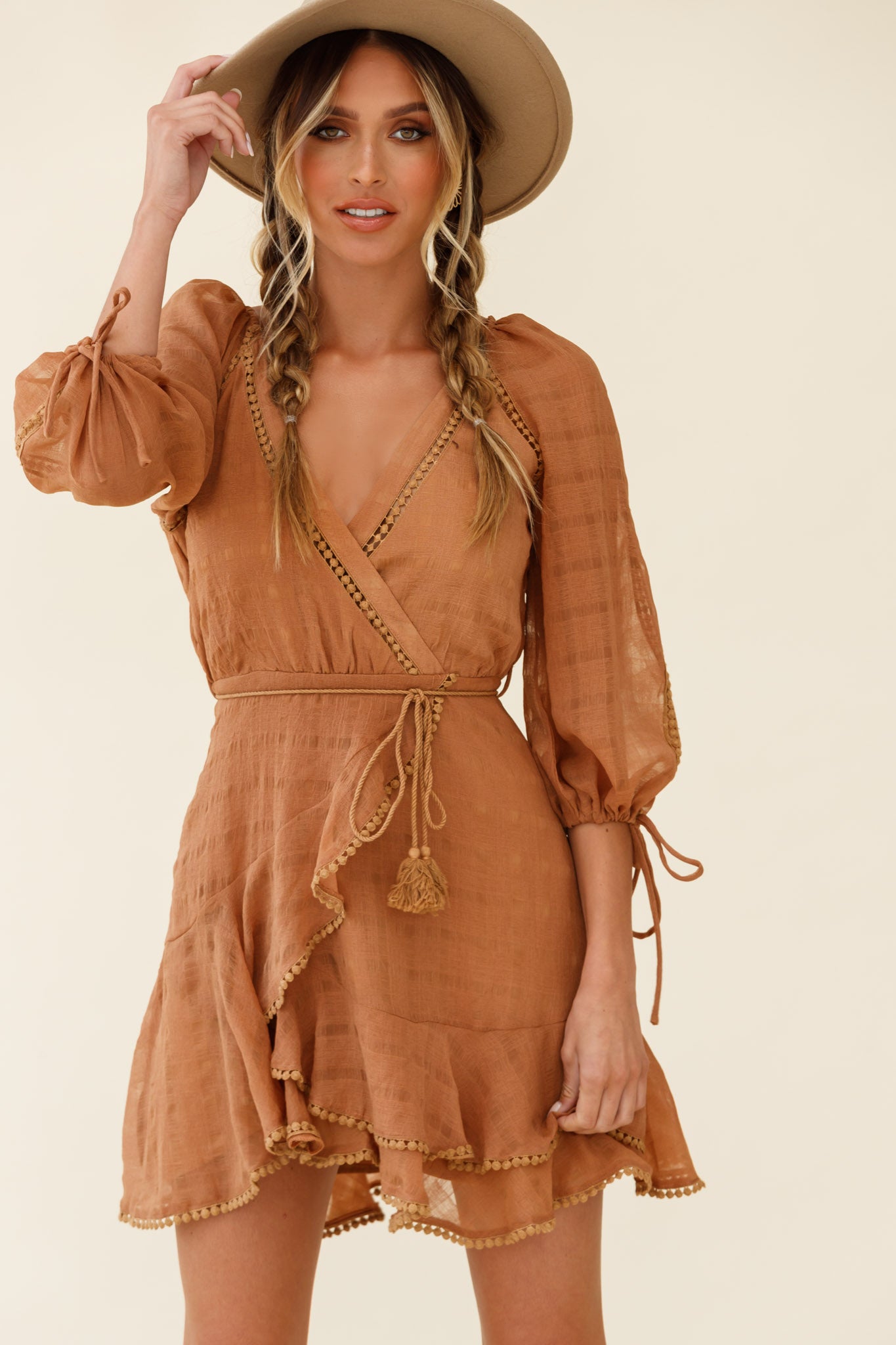 Wilde Balloon Sleeve Crochet Trim Dress Tan-Maymioy