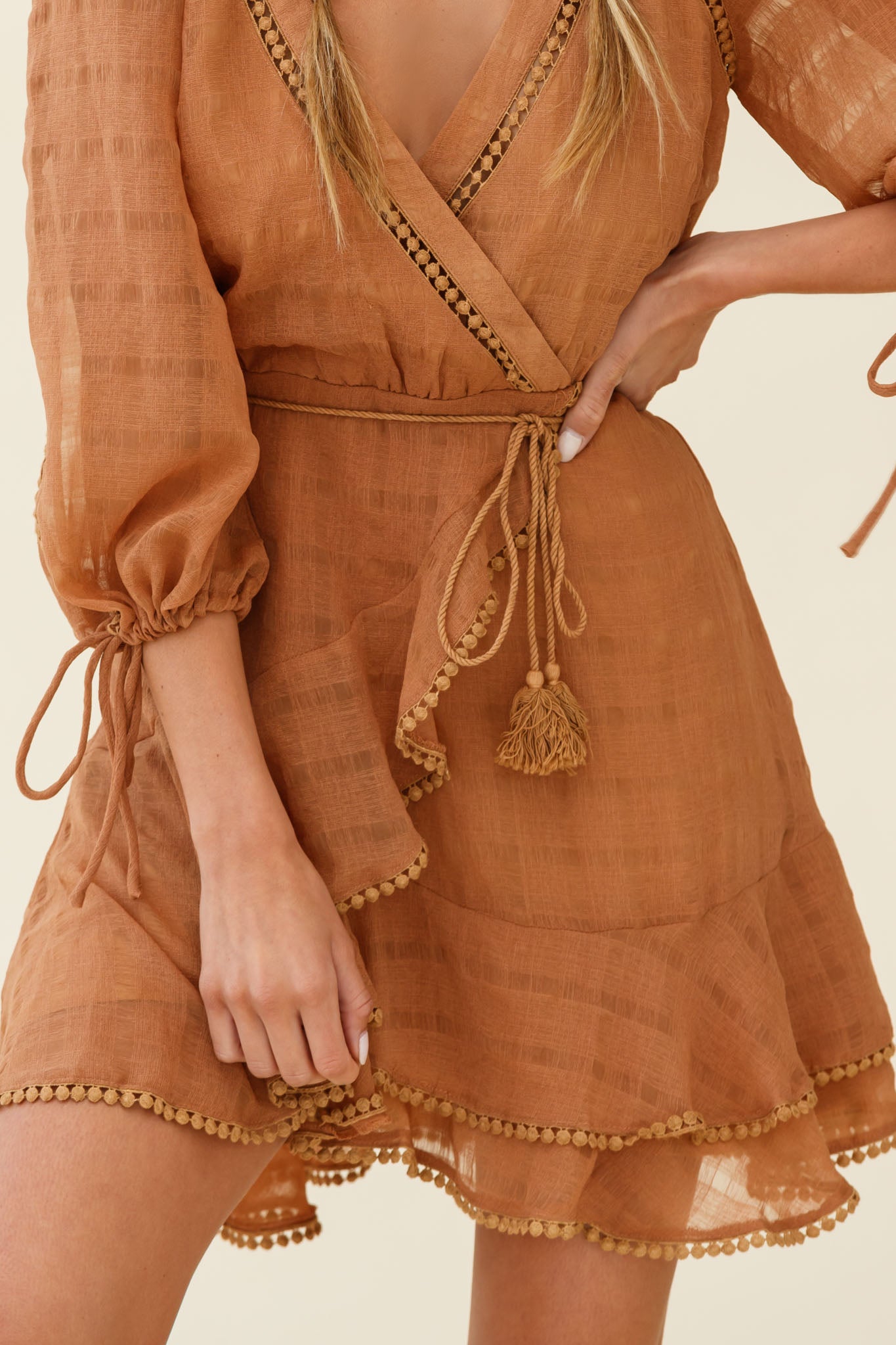 Wilde Balloon Sleeve Crochet Trim Dress Tan-Maymioy