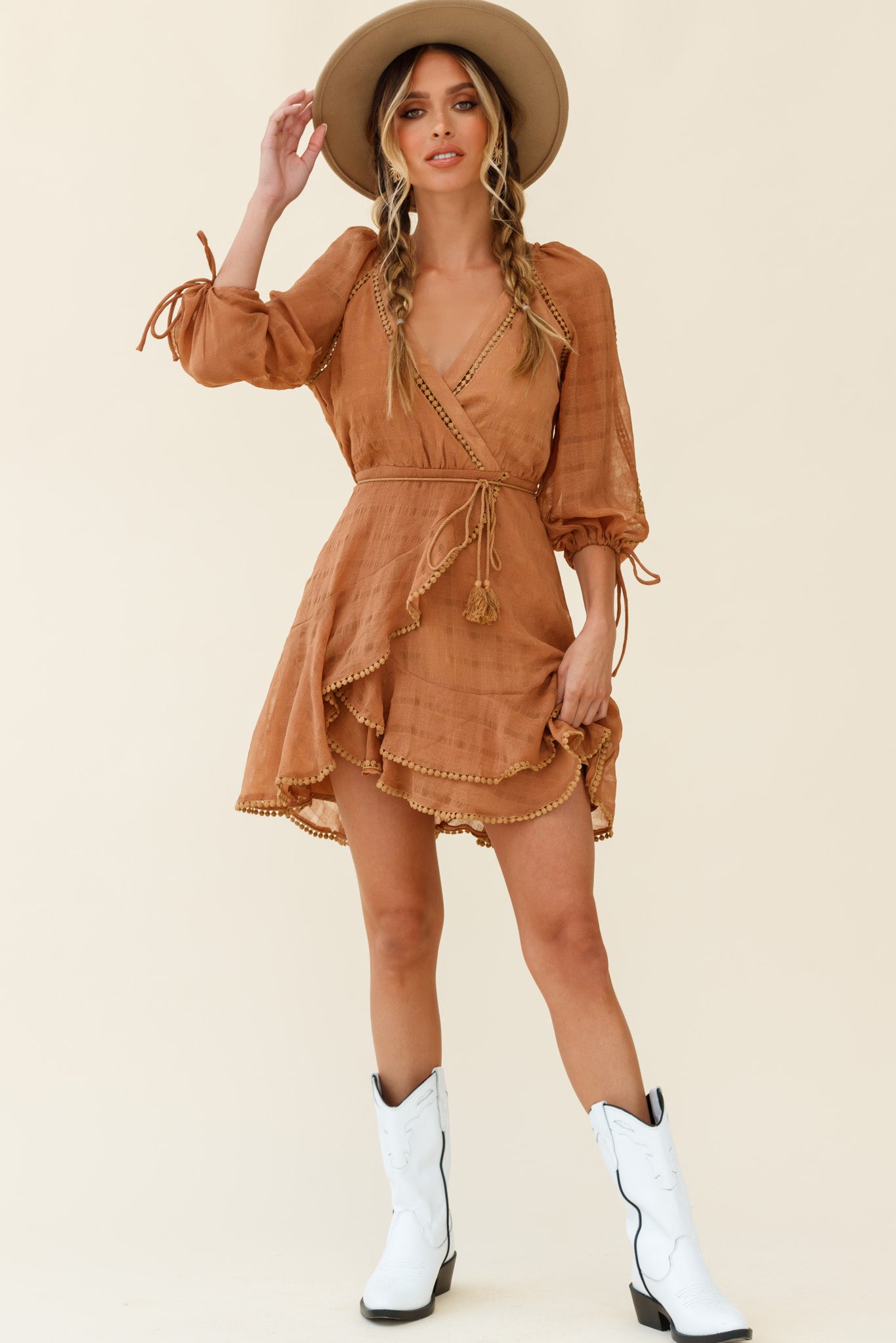 Wilde Balloon Sleeve Crochet Trim Dress Tan-Maymioy