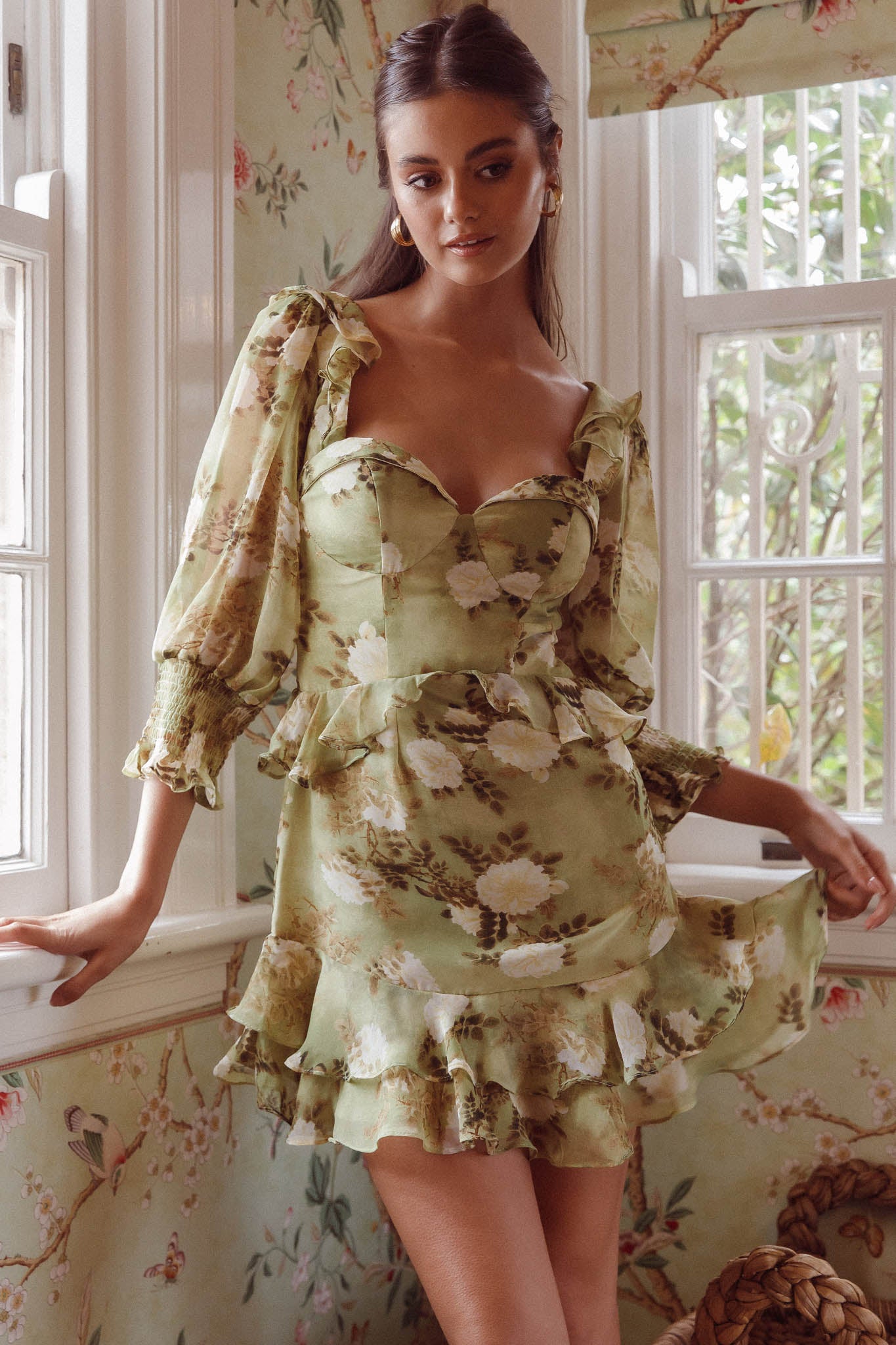 Desiree 3/4 Sleeve Sweetheart Neckline Frill Dress Floral Green-Maymioy