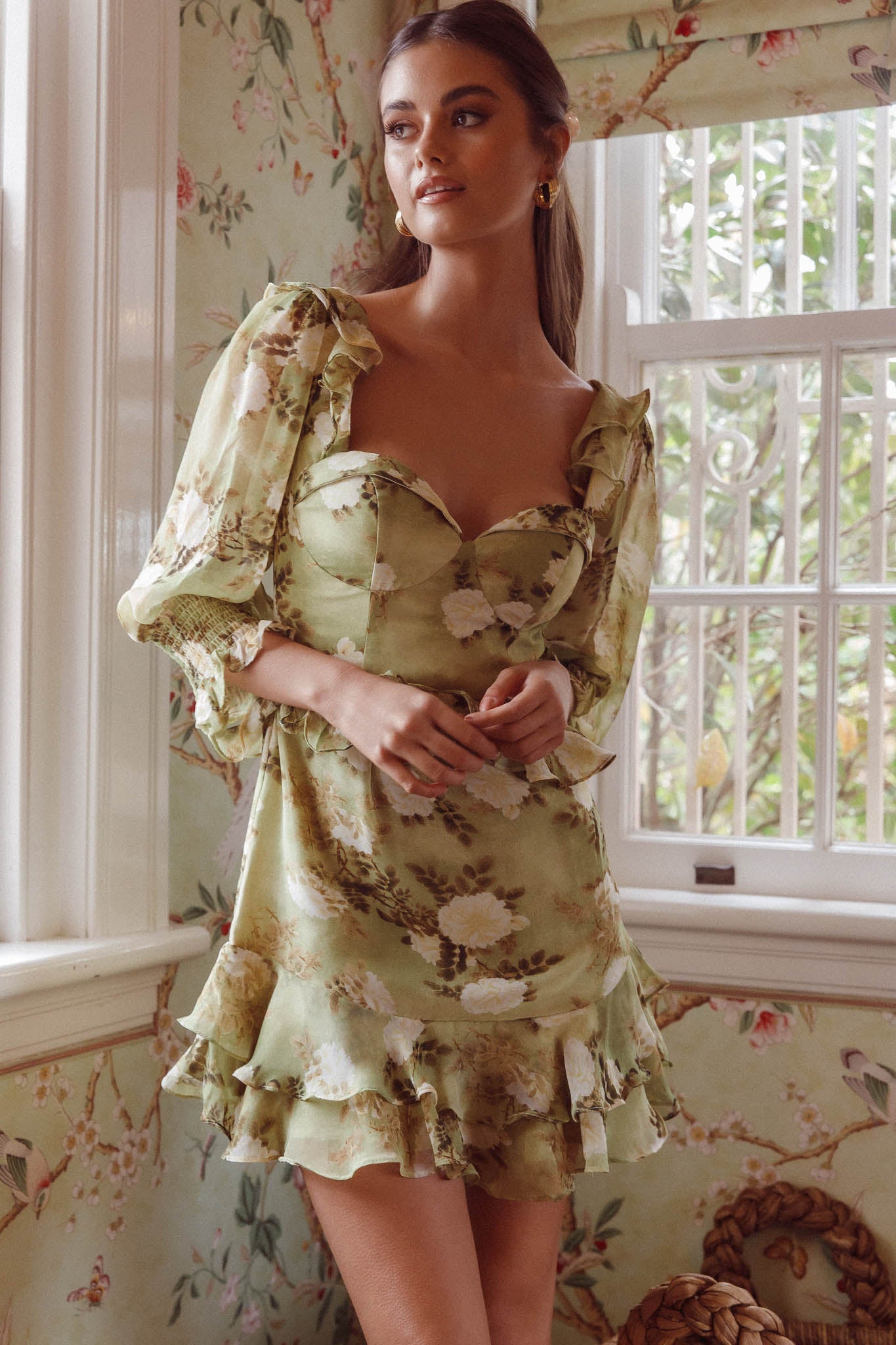 Desiree 3/4 Sleeve Sweetheart Neckline Frill Dress Floral Green-Maymioy