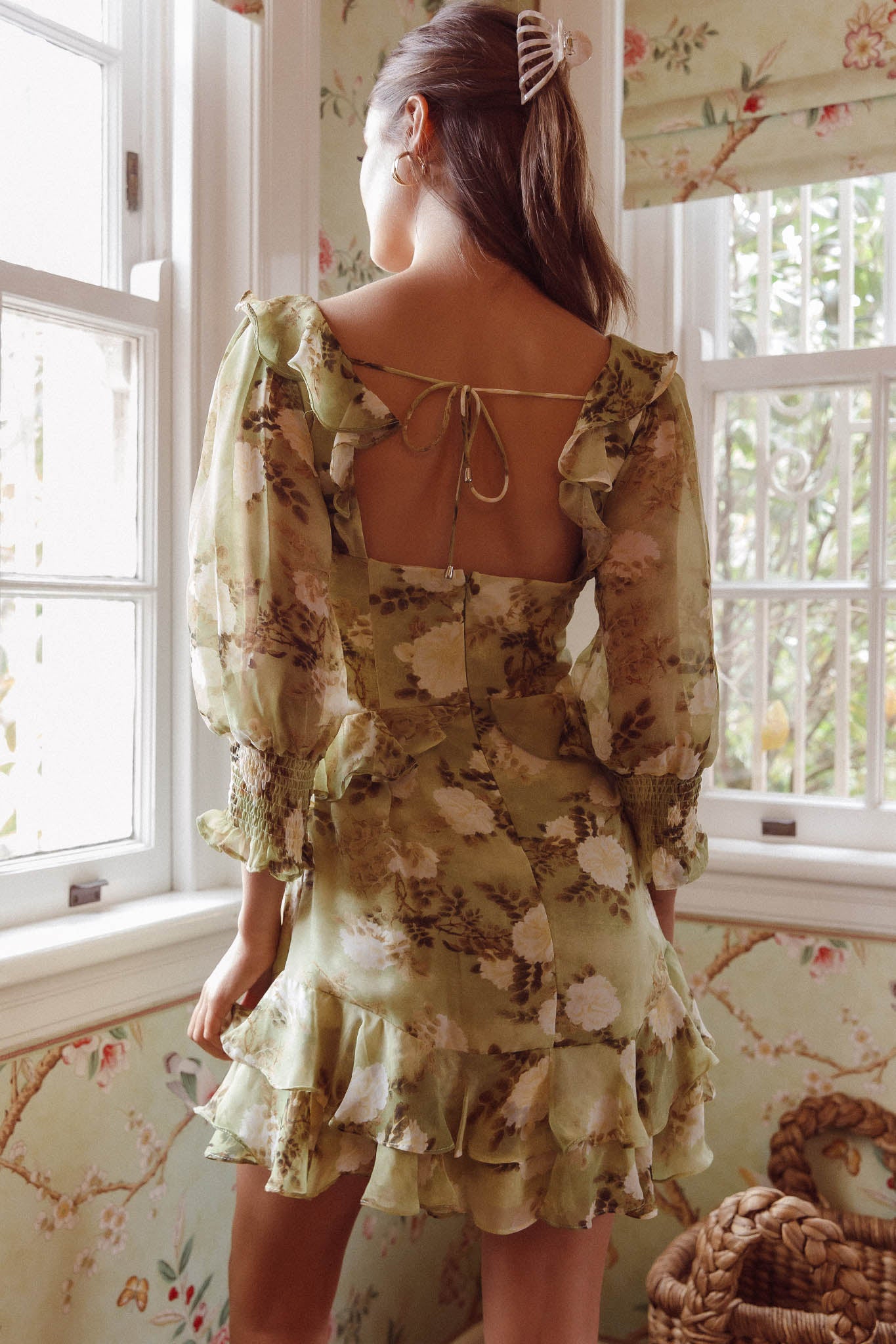 Desiree 3/4 Sleeve Sweetheart Neckline Frill Dress Floral Green-Maymioy