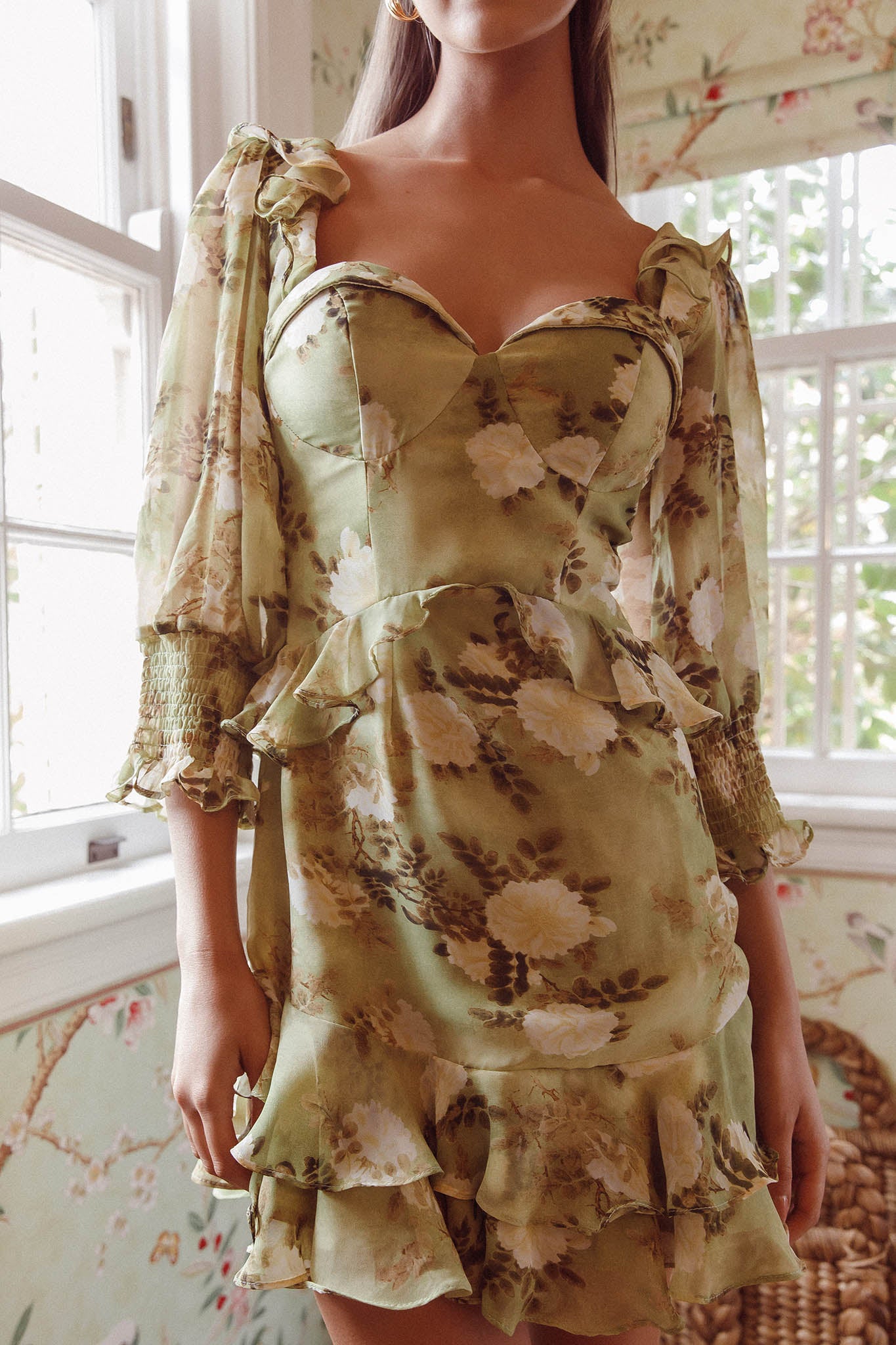 Desiree 3/4 Sleeve Sweetheart Neckline Frill Dress Floral Green-Maymioy