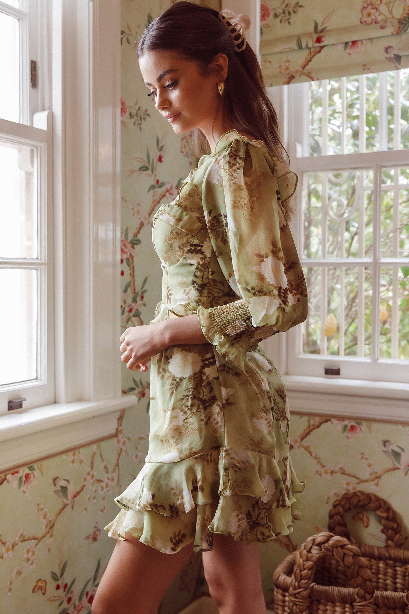 Desiree 3/4 Sleeve Sweetheart Neckline Frill Dress Floral Green-Maymioy